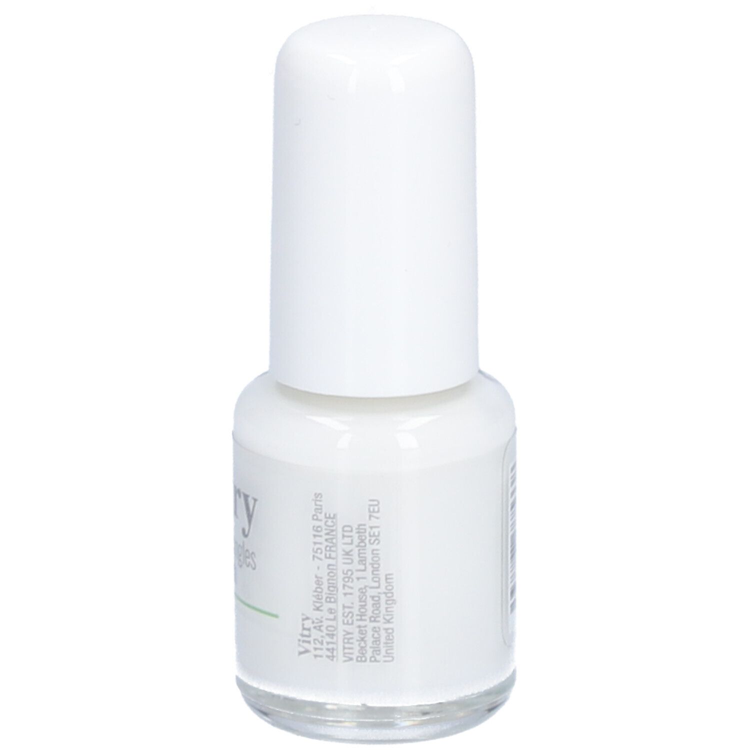 Dos d'un flacon de vernis à ongles avec bouchon blanc. Informations et adresse du fabricant.