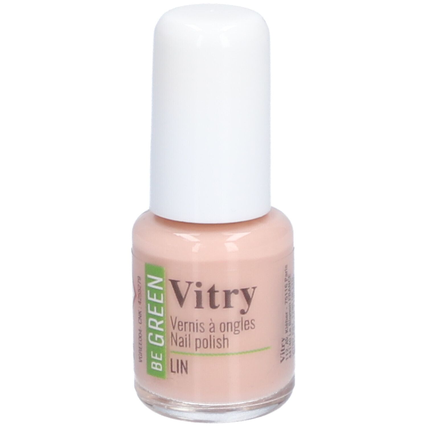 Nagellackflasche mit weißem Deckel. Aufschrift: Vitry, Vernis à ongles, Nail polish, LIN. Farbe: Rosa.