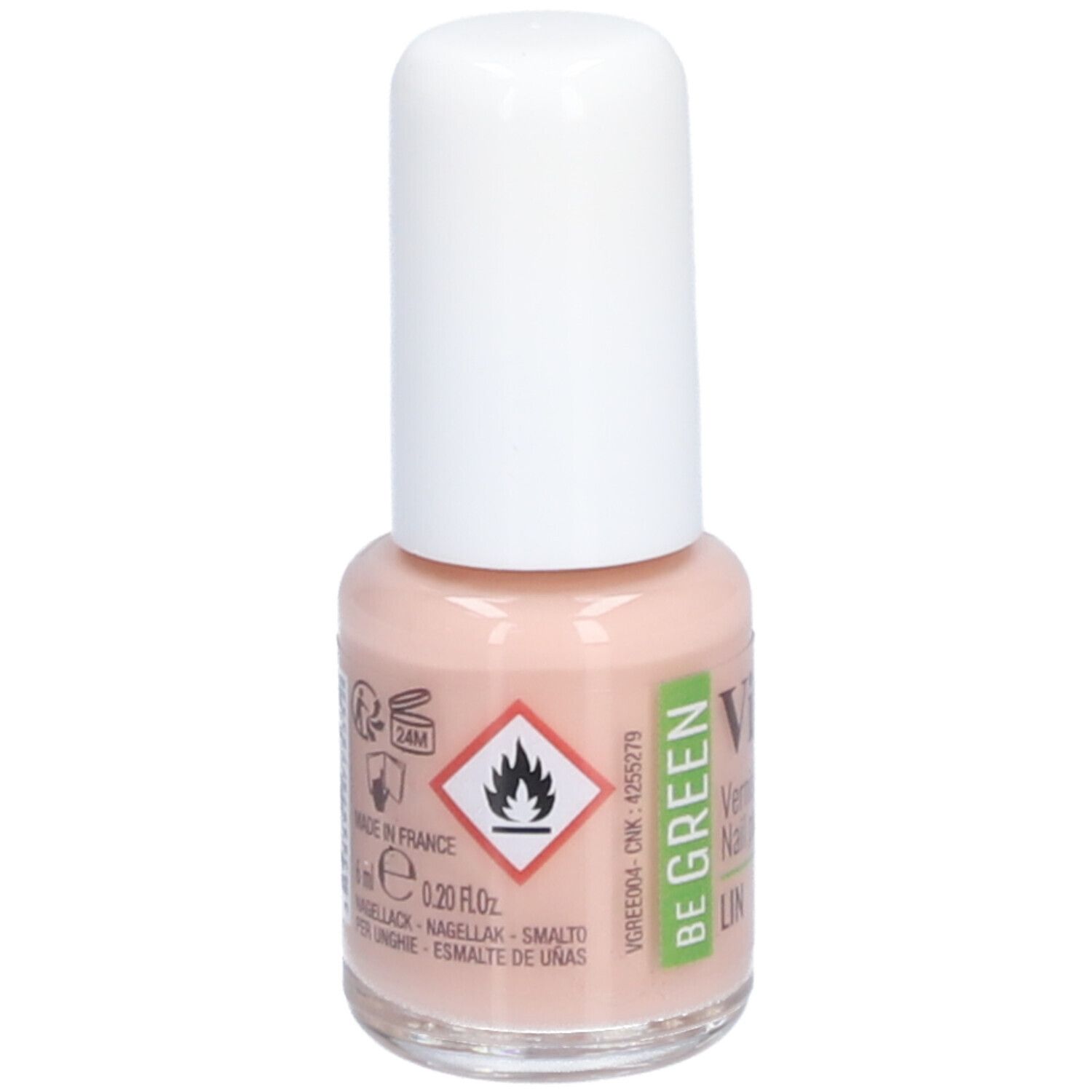 Nagellackflasche mit weißem Deckel. Aufschrift: Vitry, BE GREEN, LIN. Warnhinweis: Entzündlich. Volumen: 6 ml.