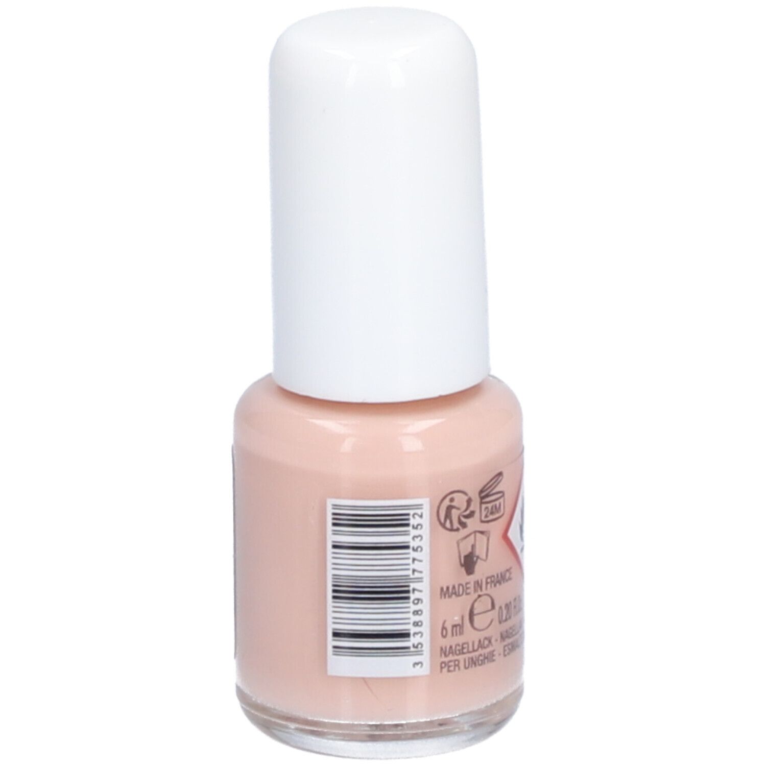 Nagellackflasche mit weißem Deckel. Aufschrift: 6 ml. Warnhinweis: Entzündlich. Barcode. Farbe: Rosa.