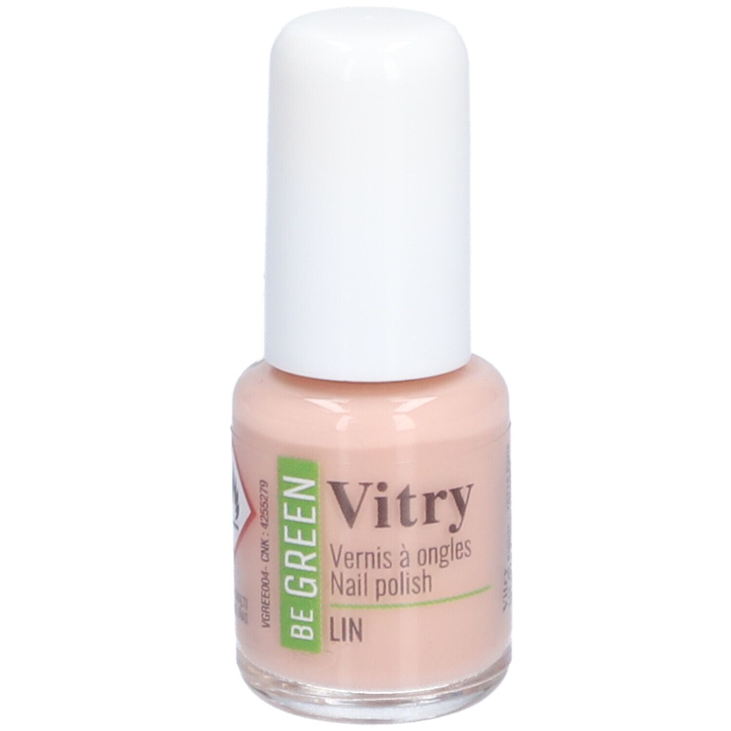 Nagellackflasche mit weißem Deckel. Aufschrift: Vitry, BE GREEN, LIN. Farbe: Rosa. Warnhinweis: Entzündlich.