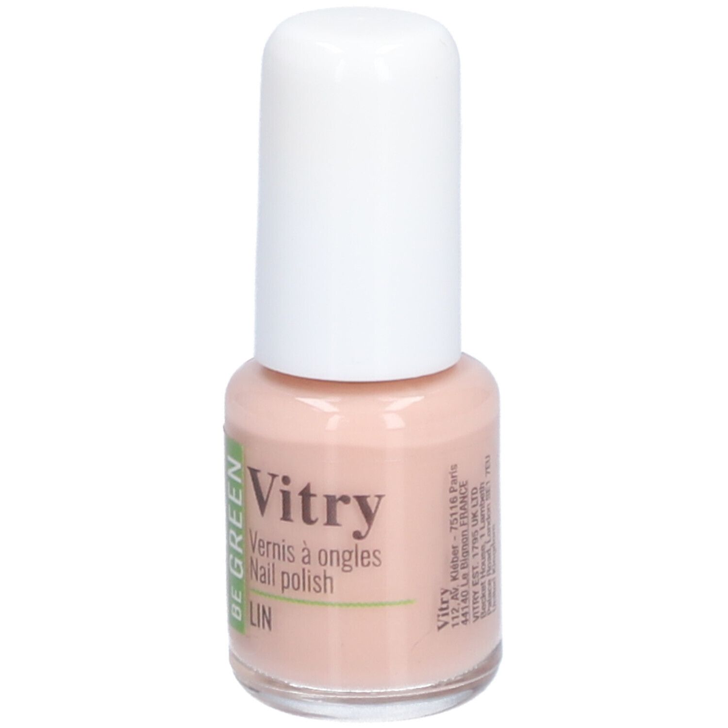 Nagellackflasche mit weißem Deckel. Aufschrift: Vitry, Vernis à ongles, Nail polish, LIN. Farbe: Rosa. Text.