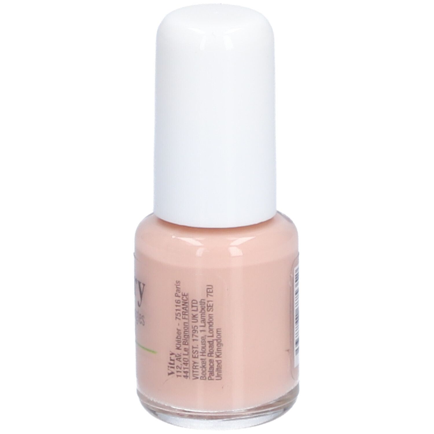 Nagellackflasche mit weißem Deckel. Aufschrift: Vitry, Vernis à ongles, Nail polish, LIN. Farbe: Rosa. Text.