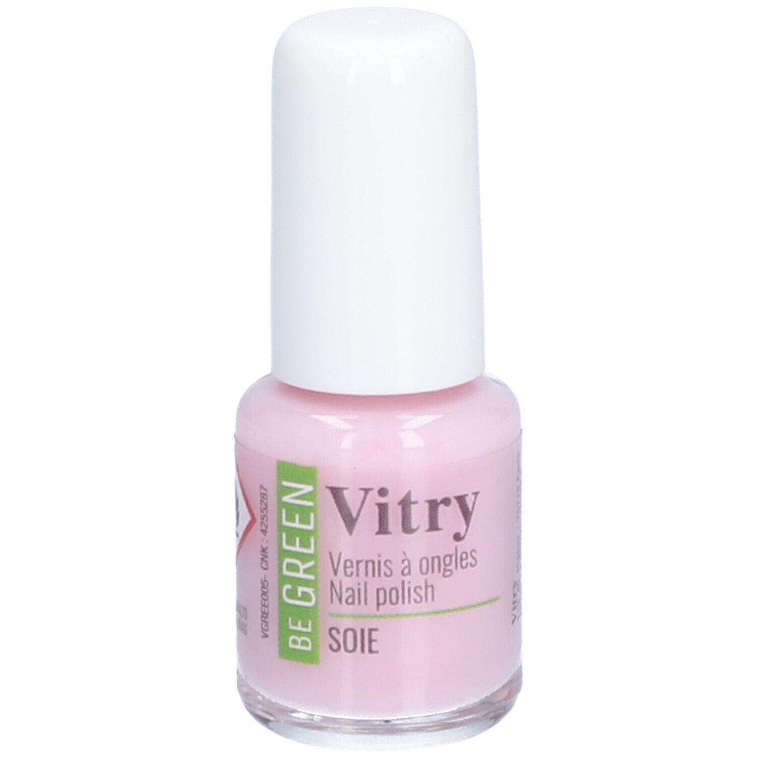 Rosa Nagellackflasche mit weißem Deckel. Aufschrift: Vitry, Be Green, Vernis à ongles, Soie.