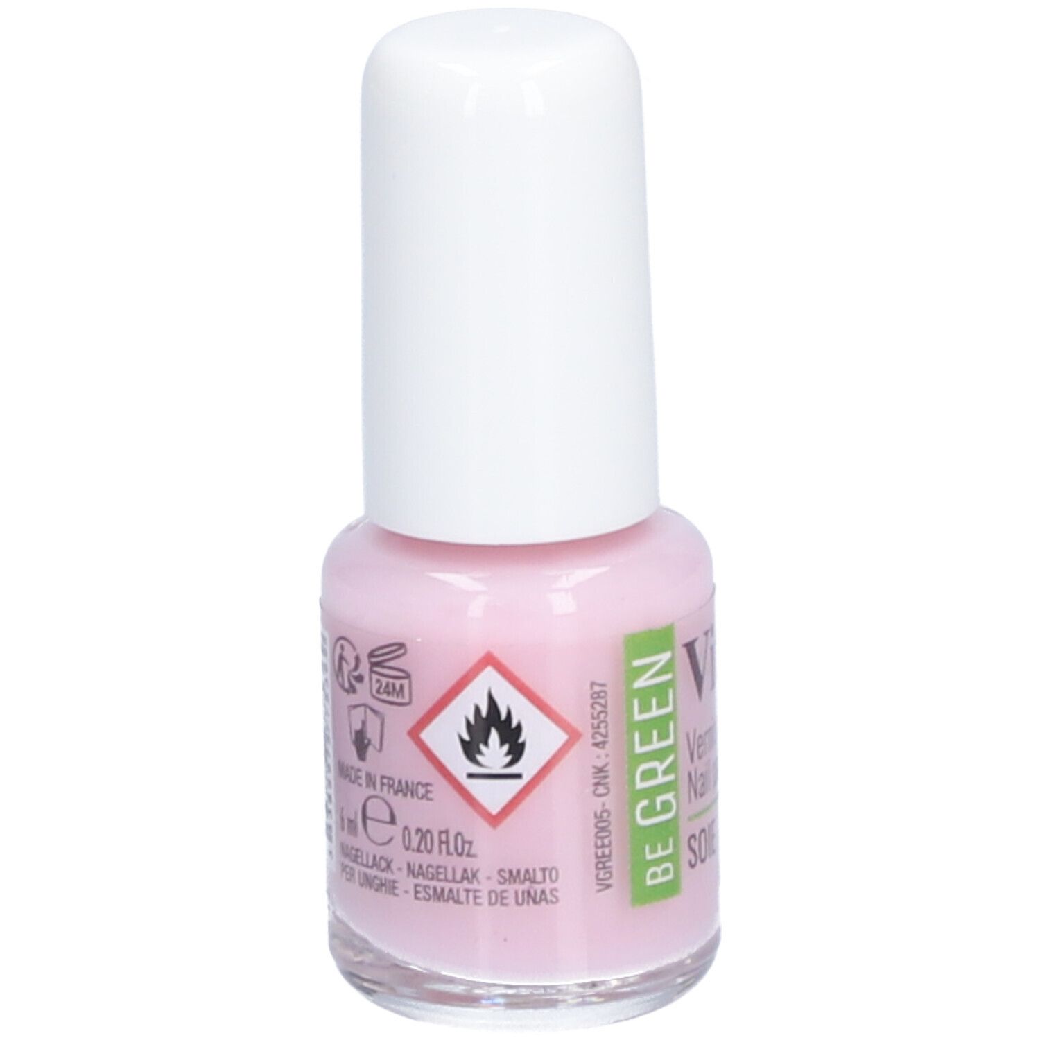 Rosa Nagellackflasche mit weißem Deckel. Aufschrift: Vitry, Be Green, Vernis à ongles, Soie. Mit Gefahrensymbol.