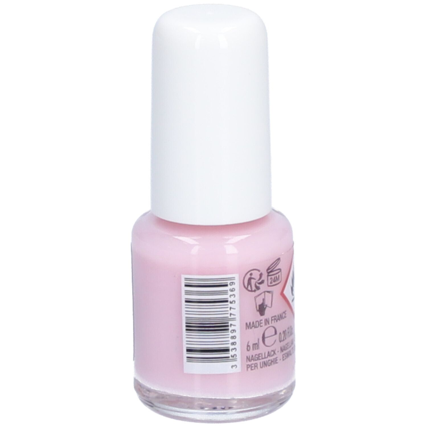Rosa Nagellackflasche mit weißem Deckel. Rückseite mit Barcode und Gefahrensymbolen. Volumen: 6 ml.