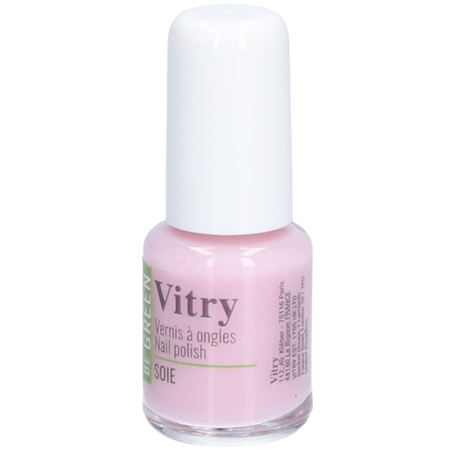 Rosa Nagellackflasche mit weißem Deckel. Aufschrift: Vitry, Be Green, Vernis à ongles, Soie. Mit Adresse.