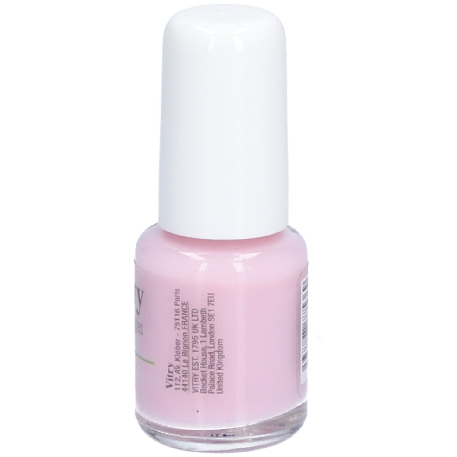 Rosa Nagellackflasche mit weißem Deckel. Aufschrift: Vitry, Be Green, Vernis à ongles, Soie. Mit Adresse.