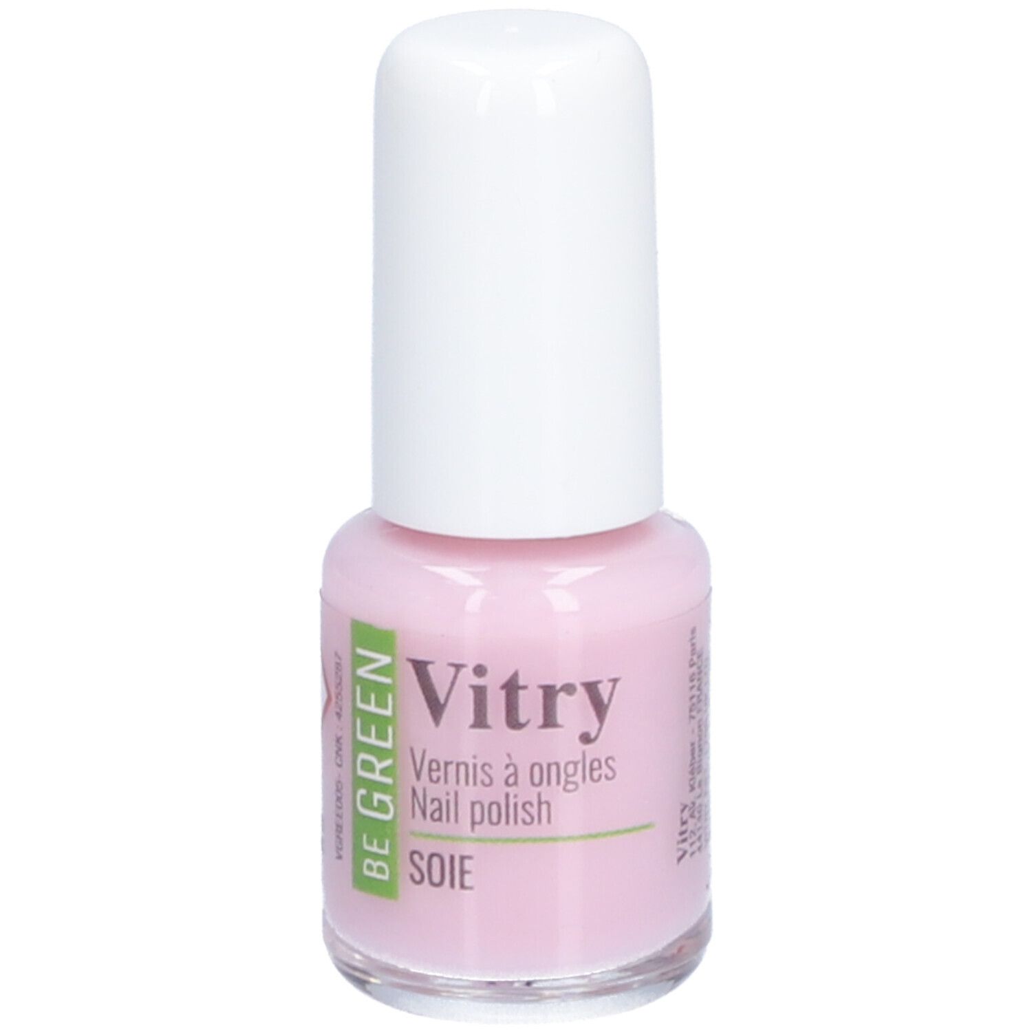 Rosa Nagellackflasche mit weißem Deckel. Aufschrift: Vitry, Be Green, Vernis à ongles, Soie.