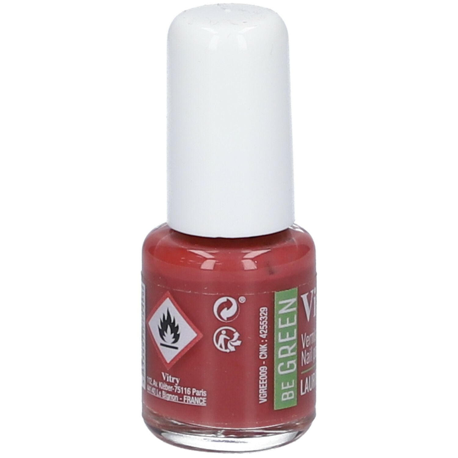 Flacon de vernis à ongles avec bouchon blanc. Inscription : Vitry, Be Green, Laurier Rose. Vernis rose. Symbole de danger.