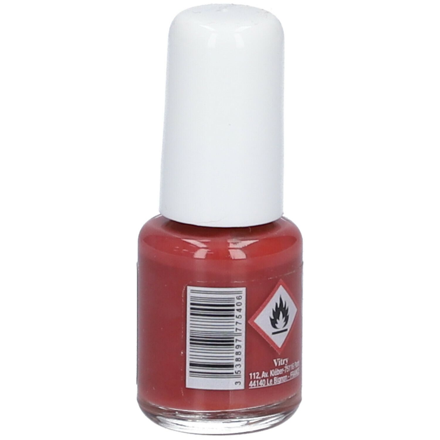 Flacon de vernis à ongles avec bouchon blanc. Inscription : Vitry. Vernis rose. Symbole de danger et code-barres.