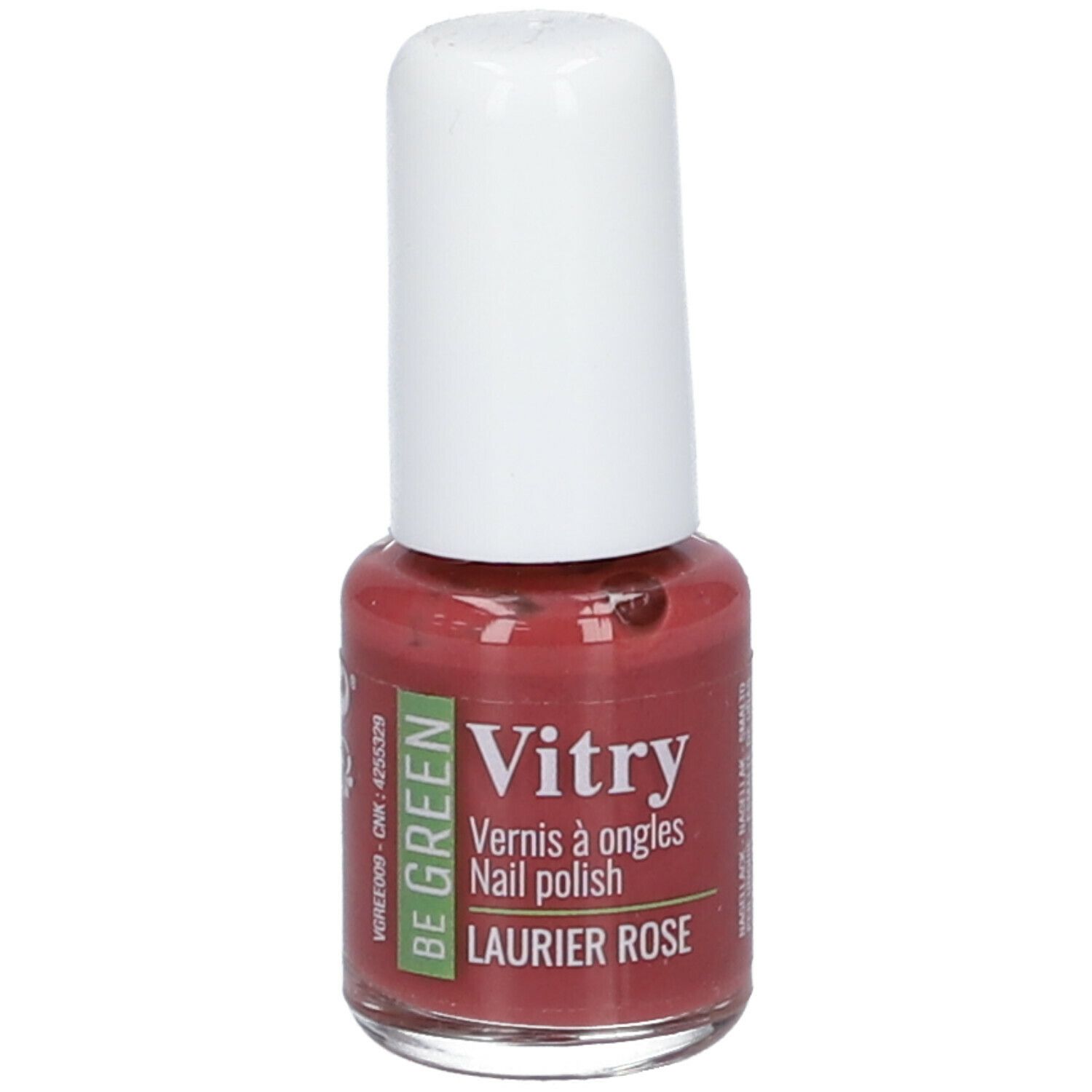 Flacon de vernis à ongles avec bouchon blanc. Inscription : Vitry, Be Green, Laurier Rose. Vernis rose.