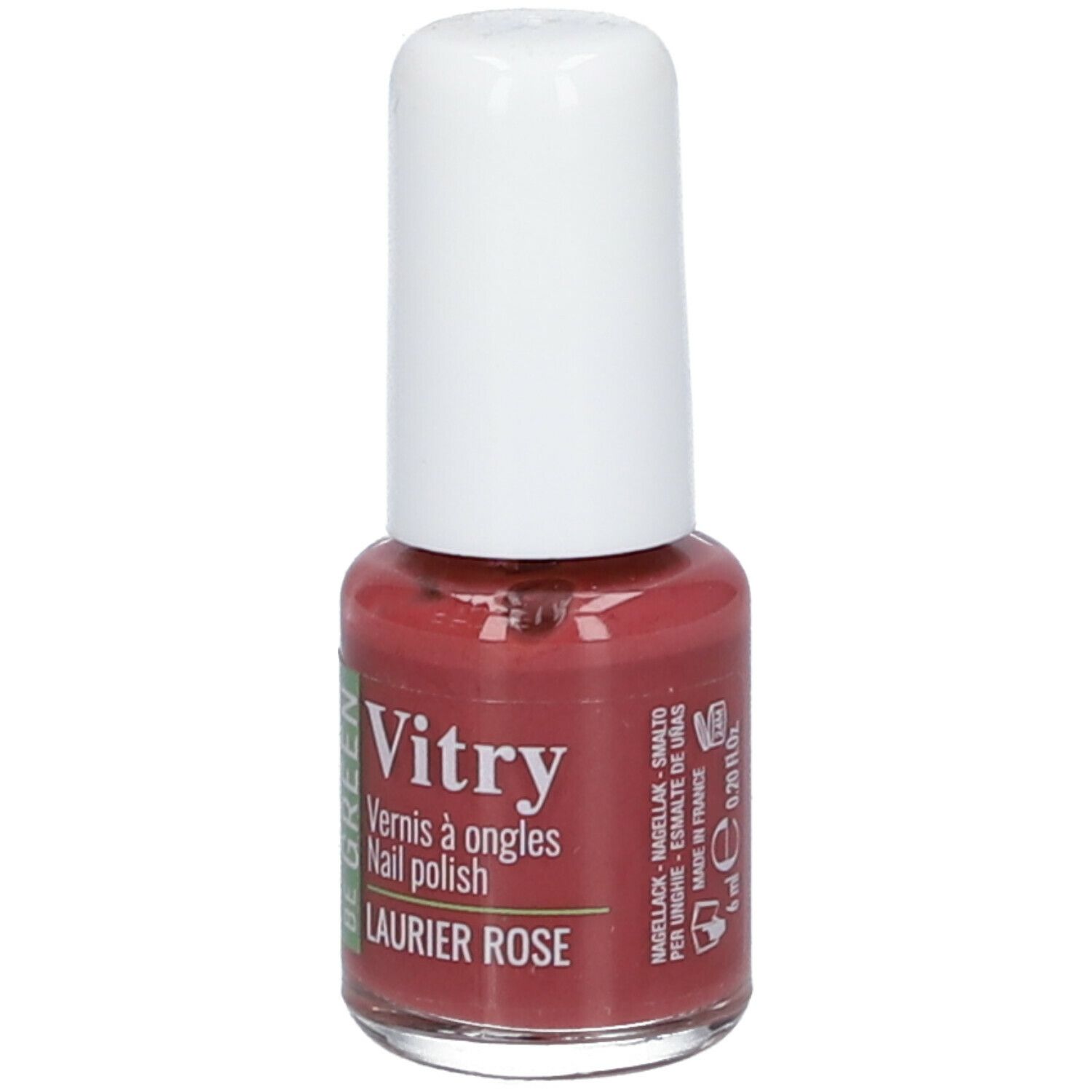 Flacon de vernis à ongles avec bouchon blanc. Inscription : Vitry, Be Green, Laurier Rose. Vernis rose. 6 ml.