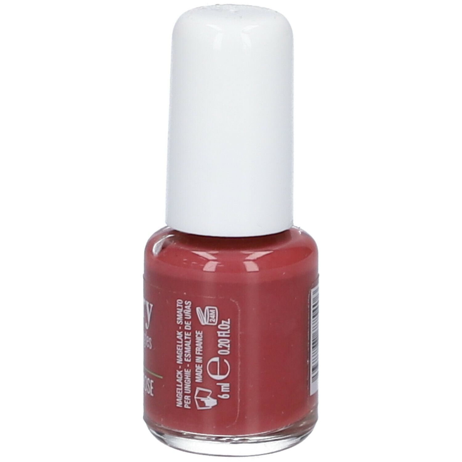 Flacon de vernis à ongles avec bouchon blanc. Inscription : Vitry. Vernis rose. 6 ml.