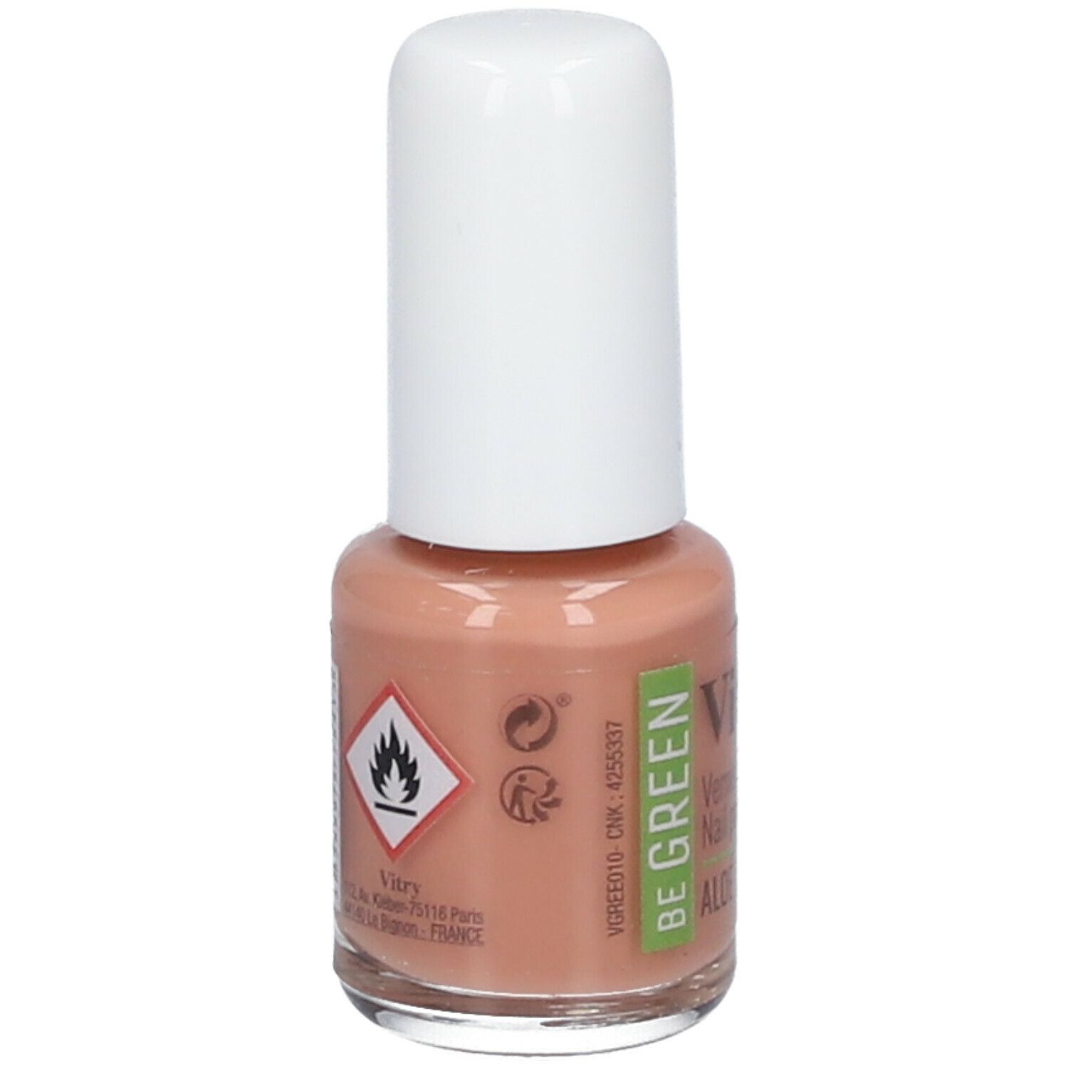 Nagellackflasche mit weißem Deckel. Aufschrift: Vitry, Be Green, Aloe. Warnhinweis: Entzündlich.