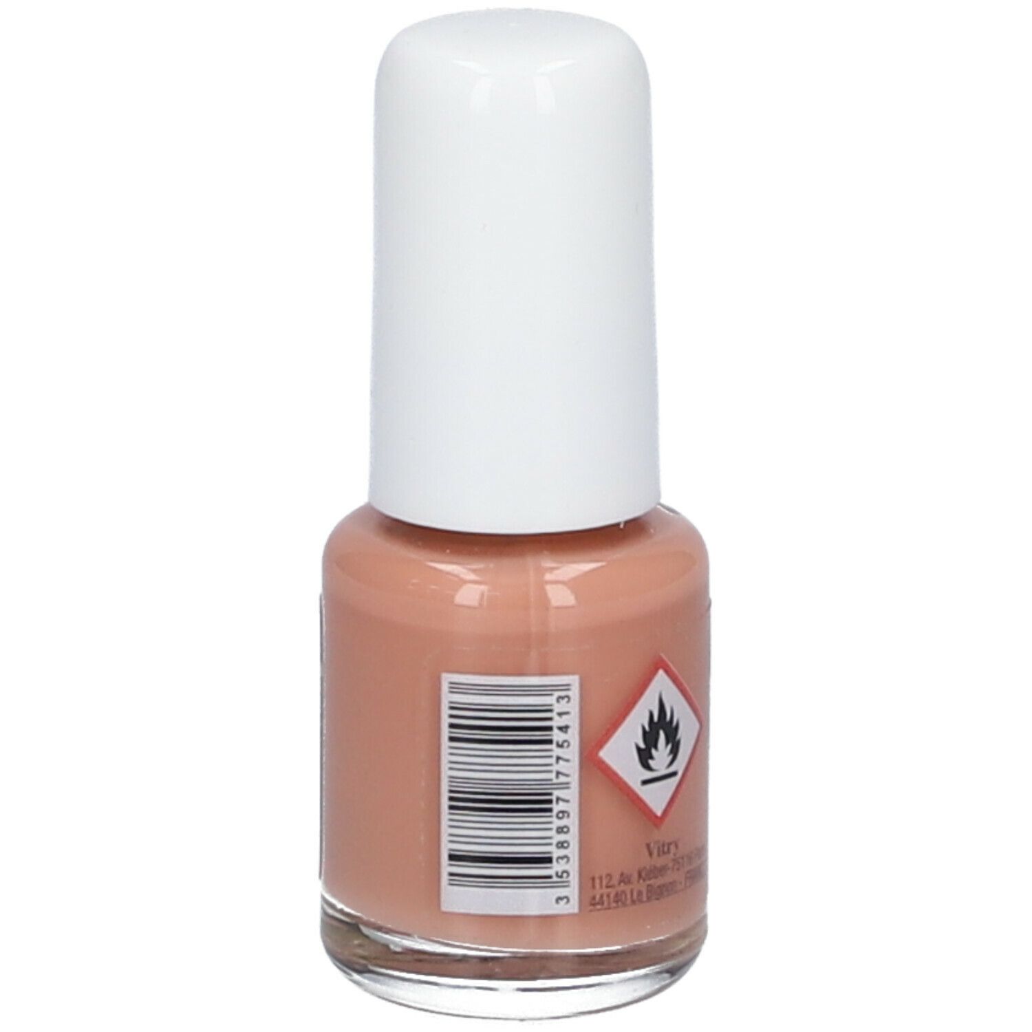 Nagellackflasche mit weißem Deckel. Aufschrift: Vitry, Be Green, Aloe. Barcode und Warnhinweis: Entzündlich.