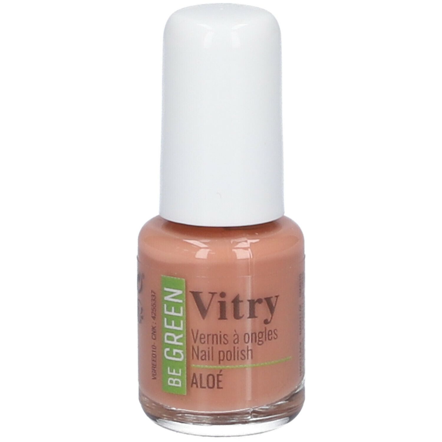 Nagellackflasche mit weißem Deckel. Aufschrift: Vitry, Be Green, Aloe. Farbe: Rosa-beige.