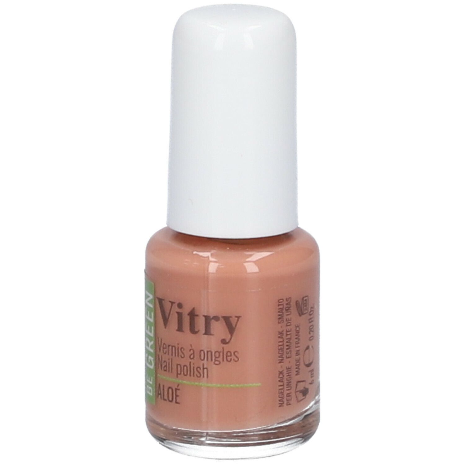 Nagellackflasche mit weißem Deckel. Aufschrift: Vitry, Be Green, Aloe. Warnhinweis: Entzündlich. Volumen: 6 ml.