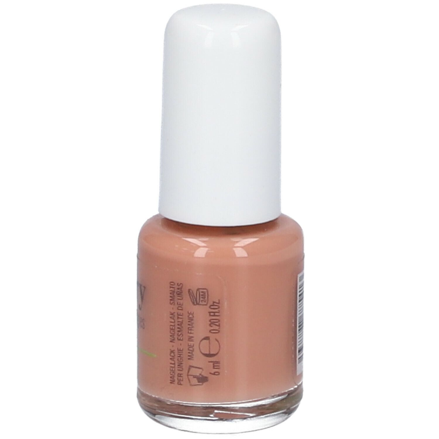 Nagellackflasche mit weißem Deckel. Aufschrift: Vitry, Be Green, Aloe. Volumen: 6 ml.