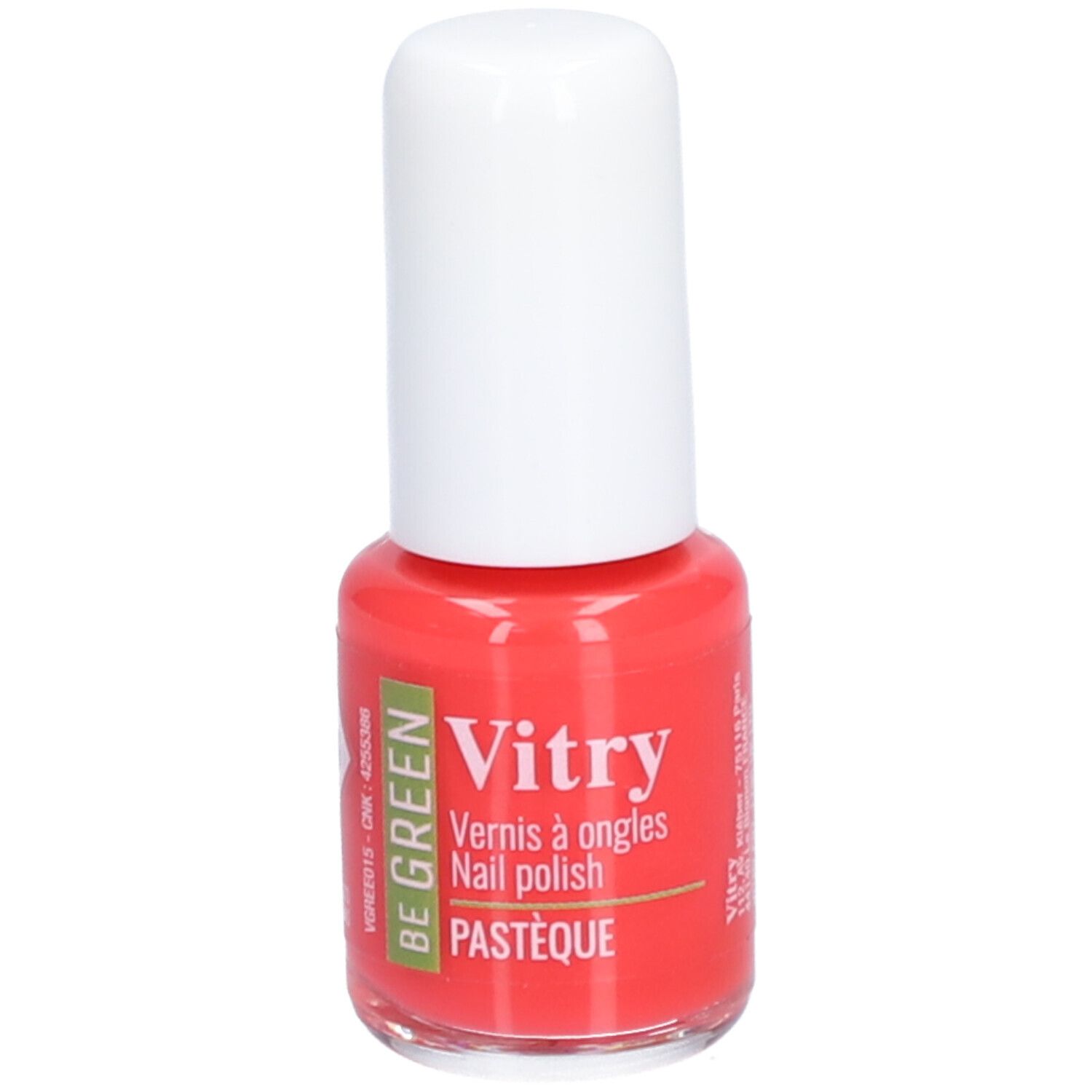 Flacon de vernis à ongles rouge avec bouchon blanc. Inscription: Vitry, Vernis à ongles, BE GREEN, Pastèque.