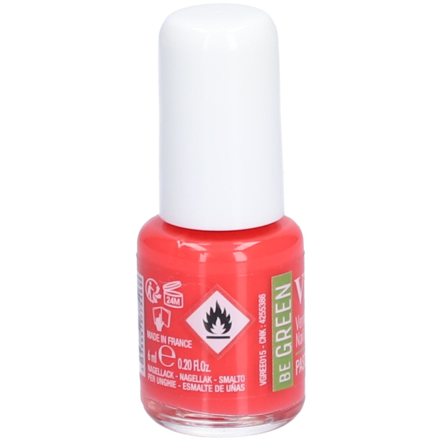 Flacon de vernis à ongles rouge avec bouchon blanc. Inscriptions: 6 ml, symbole de flamme, avertissements, Made in France.