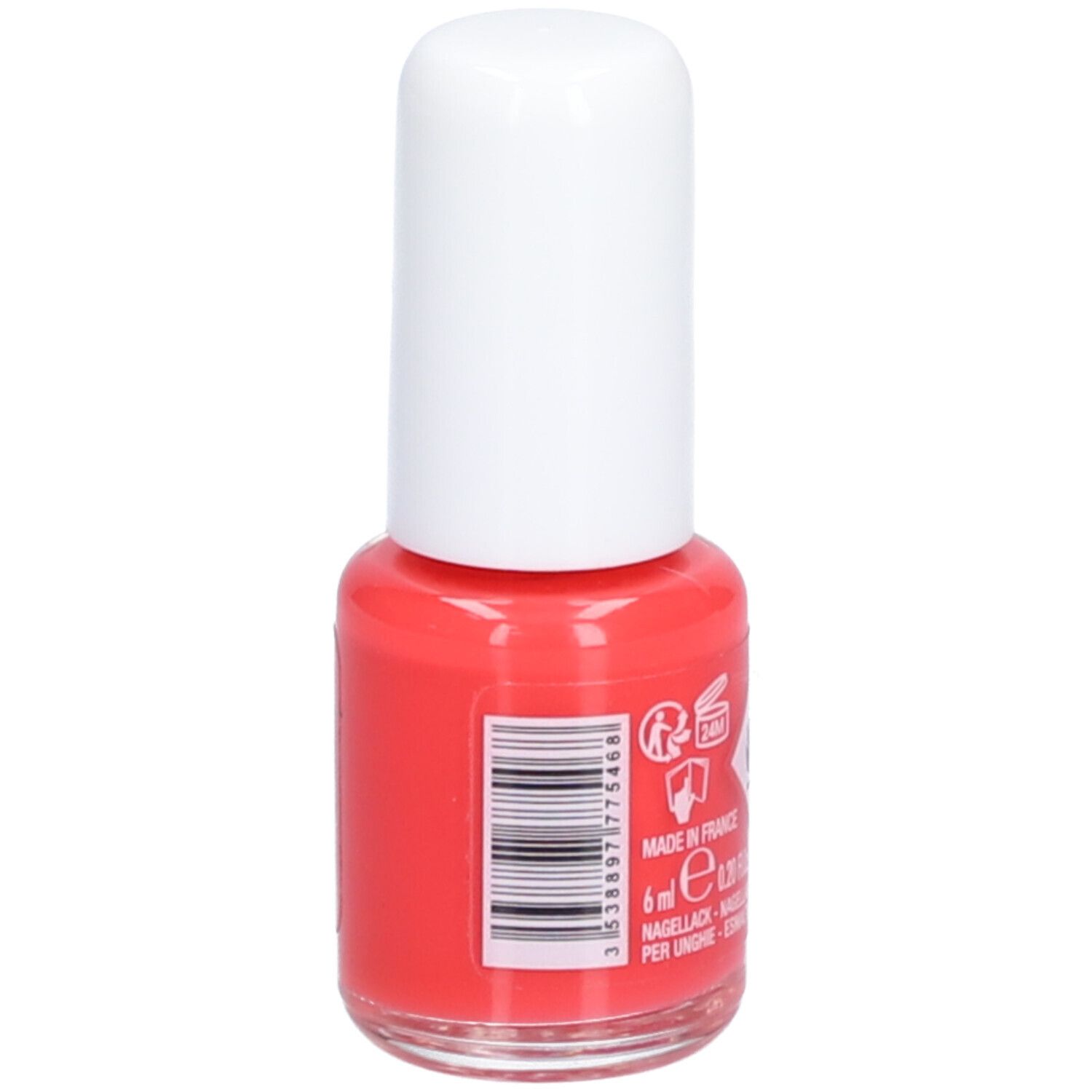 Flacon de vernis à ongles rouge avec bouchon blanc. Inscriptions: 6 ml, code-barres, avertissements, Made in France.