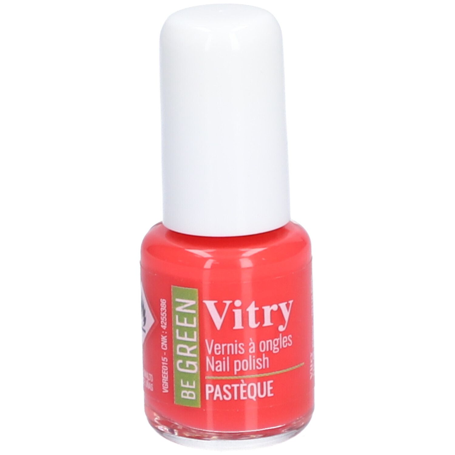 Flacon de vernis à ongles rouge avec bouchon blanc. Inscription: Vitry, Vernis à ongles, BE GREEN, Pastèque.