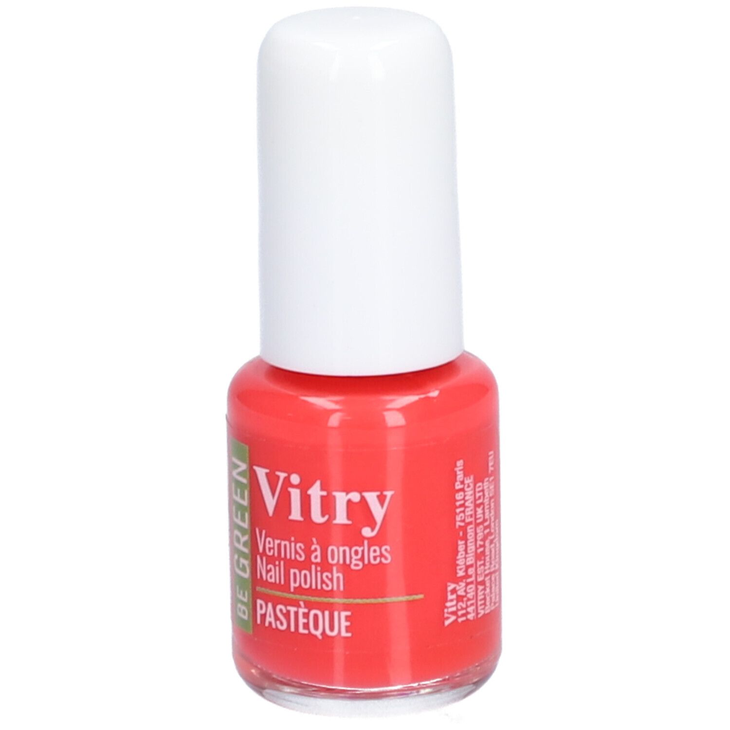 Flacon de vernis à ongles rouge avec bouchon blanc. Inscription: Vitry, Vernis à ongles, BE GREEN, Pastèque, adresse.