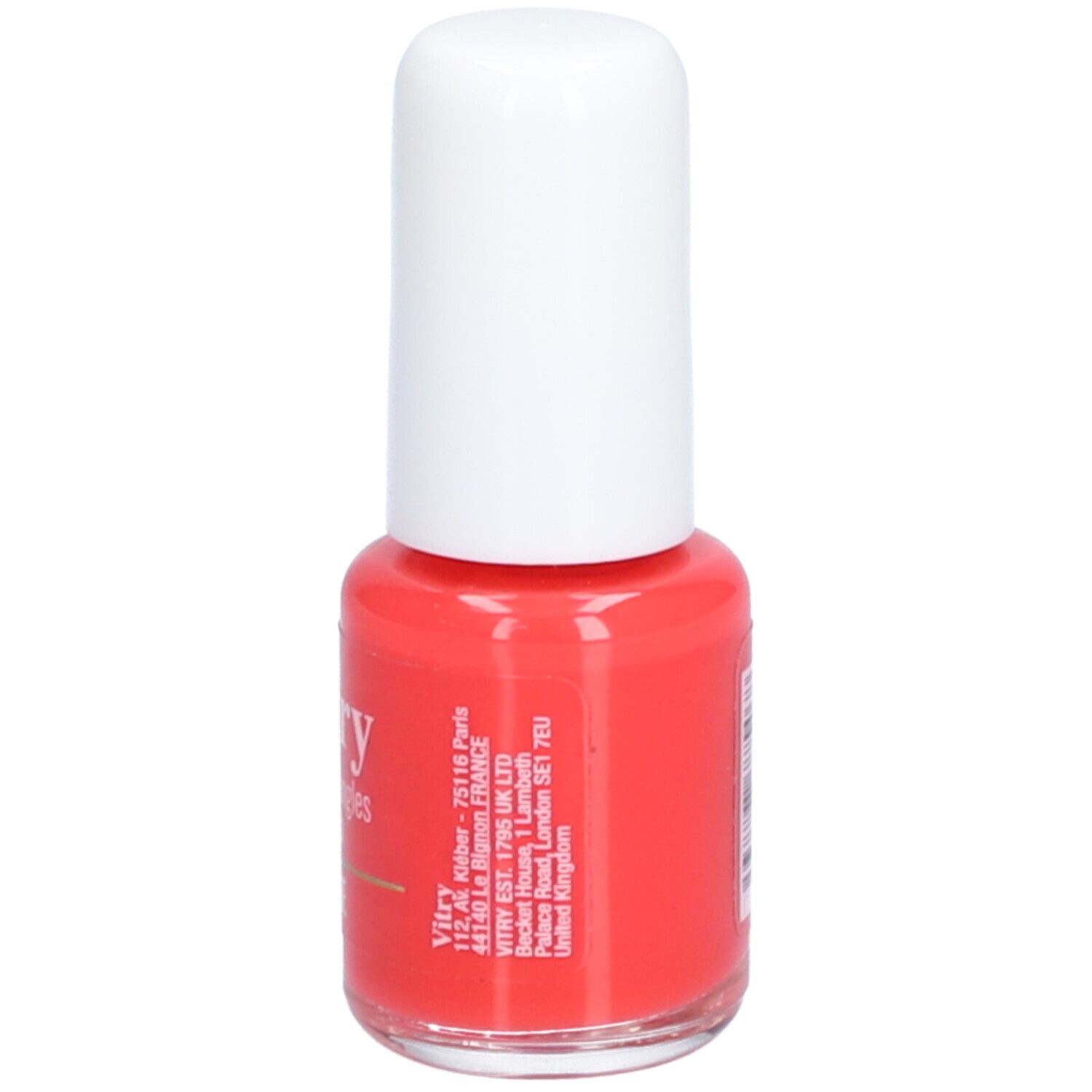 Flacon de vernis à ongles rouge avec bouchon blanc. Inscription: Vitry, adresse, coordonnées.