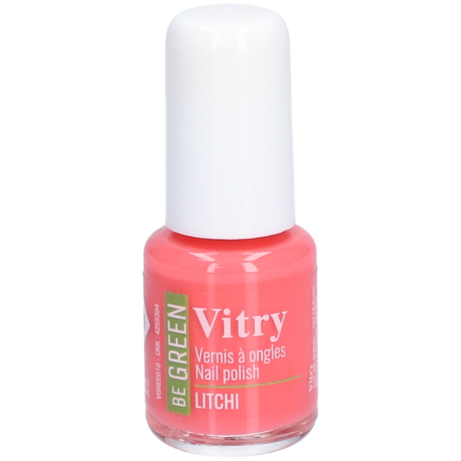 Flacon de vernis à ongles avec bouchon blanc. Inscriptions: Vitry, BE GREEN, Litchi. Teinte rose.