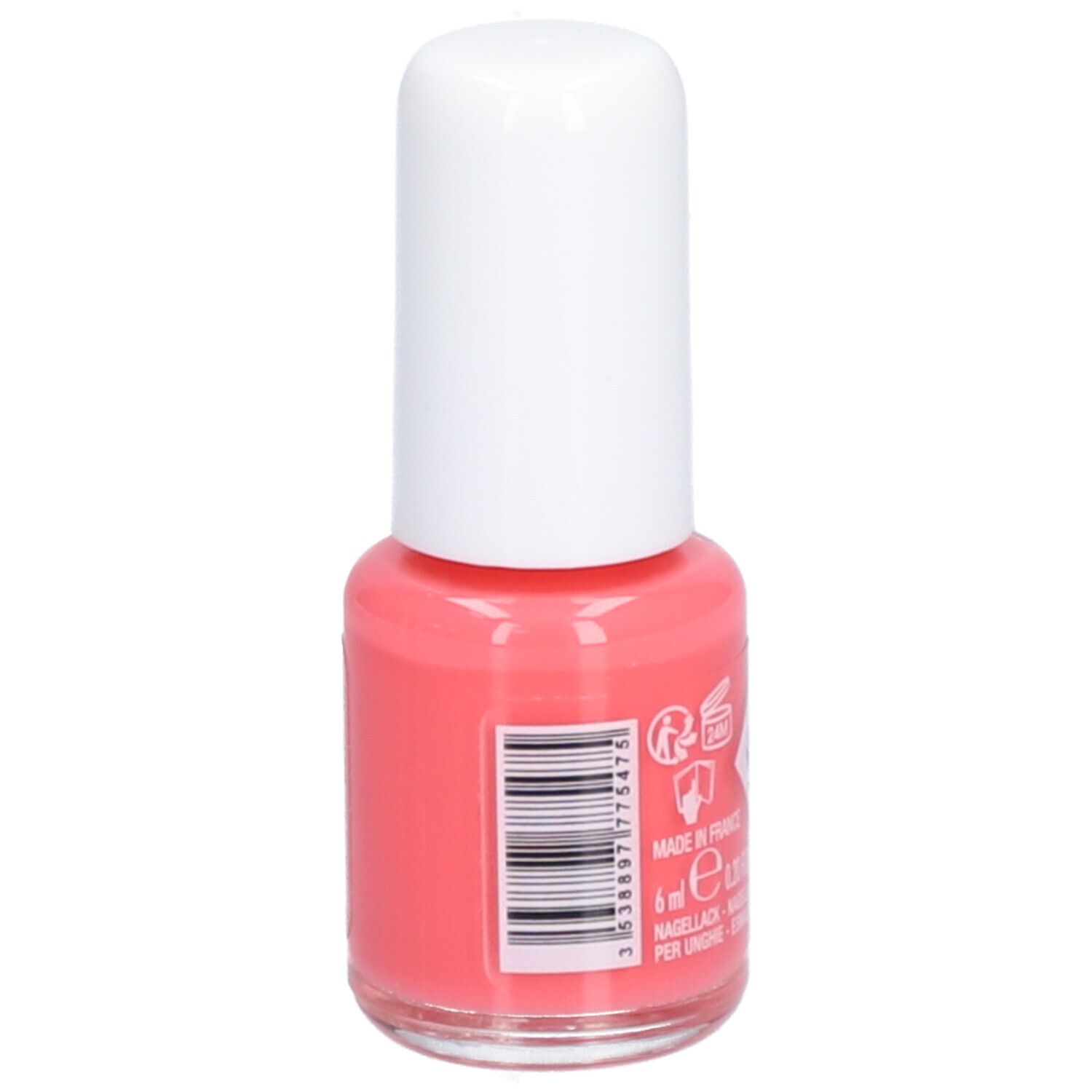 Flacon de vernis à ongles avec bouchon blanc. Inscriptions: Vitry, BE GREEN, Litchi. Teinte rose. Code-barres.