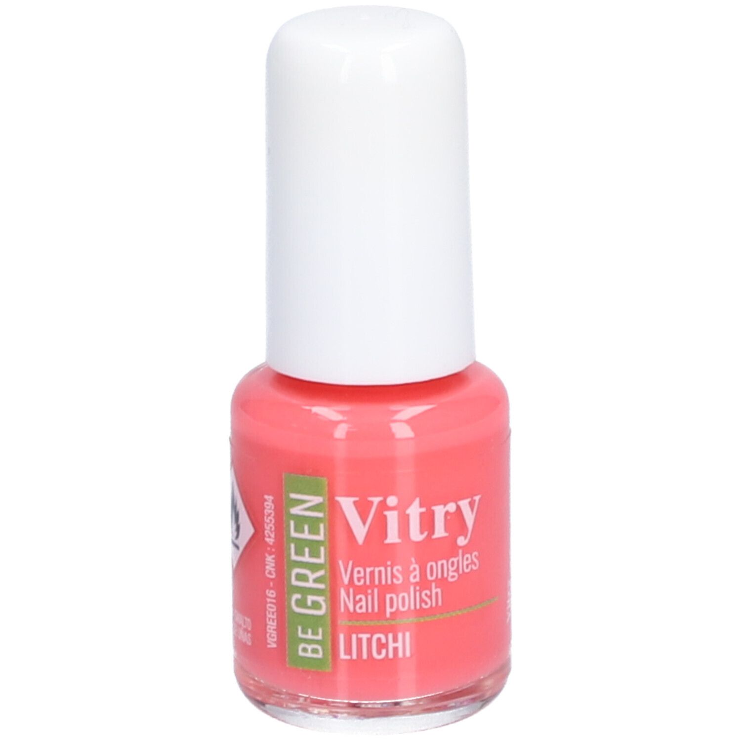 Flacon de vernis à ongles avec bouchon blanc. Inscriptions: Vitry, BE GREEN, Litchi. Teinte rose. Avertissement.