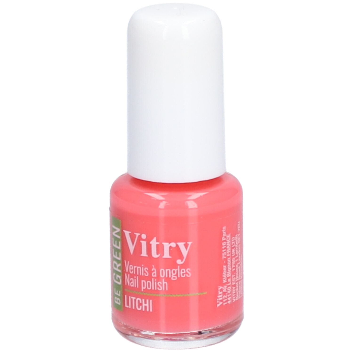 Flacon de vernis à ongles avec bouchon blanc. Inscriptions: Vitry, BE GREEN, Litchi. Teinte rose. Informations produit.