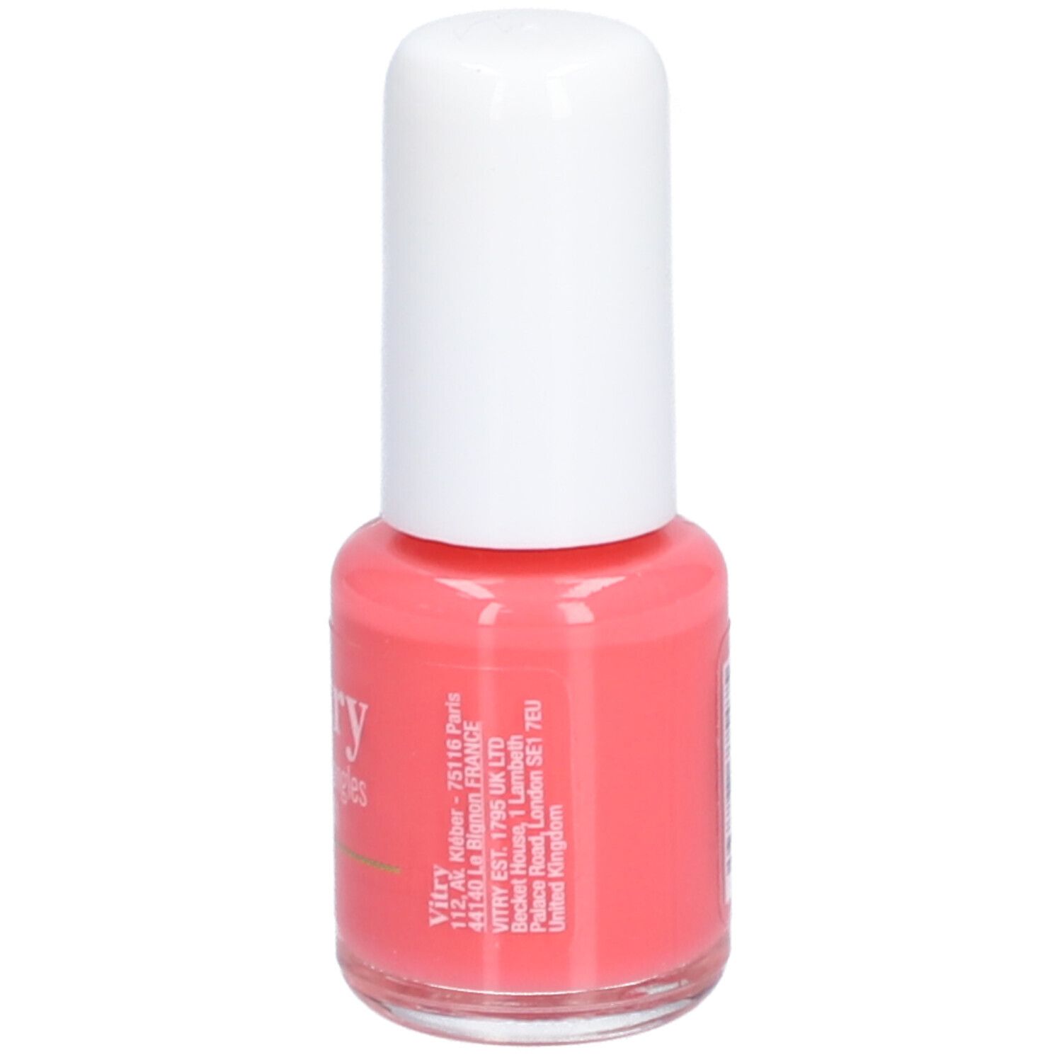 Flacon de vernis à ongles avec bouchon blanc. Inscriptions: Vitry, BE GREEN, Litchi. Teinte rose. Informations produit.