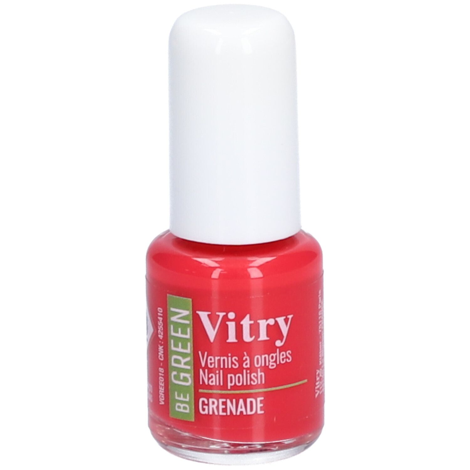 Rote Nagellackflasche mit weißem Deckel. Aufschrift: Vitry, Vernis à ongles, Nail polish, Grenade. Grün-Label: Be Green.