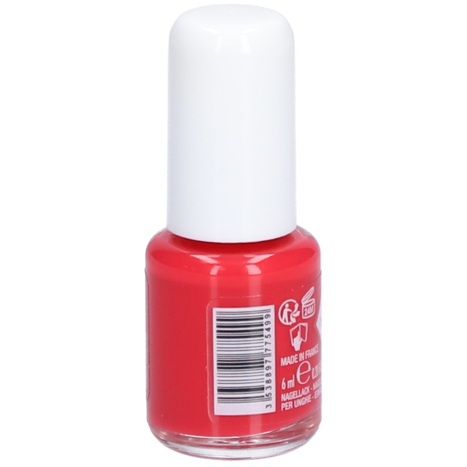 Rote Nagellackflasche mit weißem Deckel. Barcode und Aufschrift: 6 ml, Nagellack, Smalto per unghie, Esmalte de uñas. Hergestellt in Frankreich.