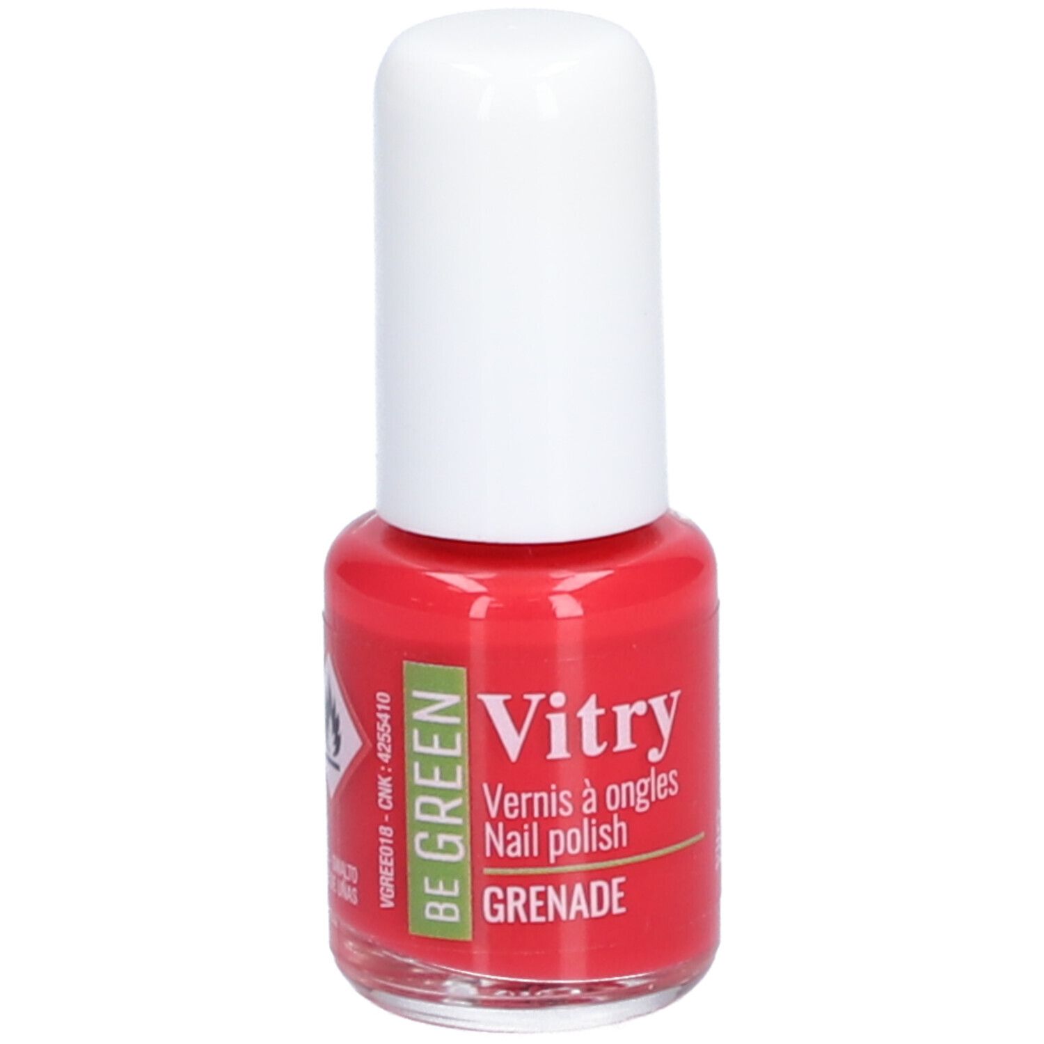 Rote Nagellackflasche mit weißem Deckel. Aufschrift: Vitry, Vernis à ongles, Nail polish, Grenade. Grün-Label: Be Green. Warnhinweis: Entzündlich.