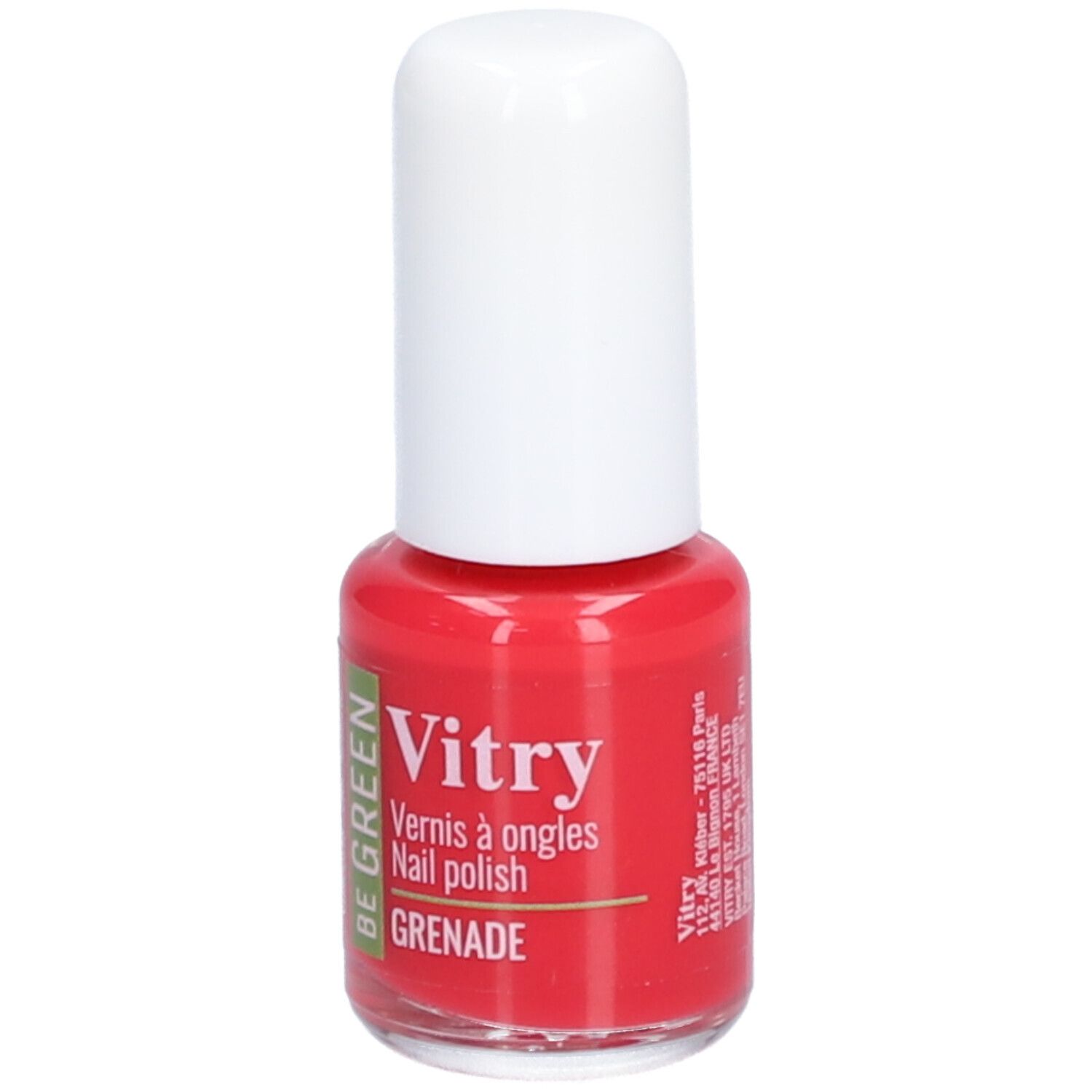 Rote Nagellackflasche mit weißem Deckel. Aufschrift: Vitry, Vernis à ongles, Nail polish, Grenade. Adresse: 75116 Paris, Frankreich. Grün-Label: Be Green.
