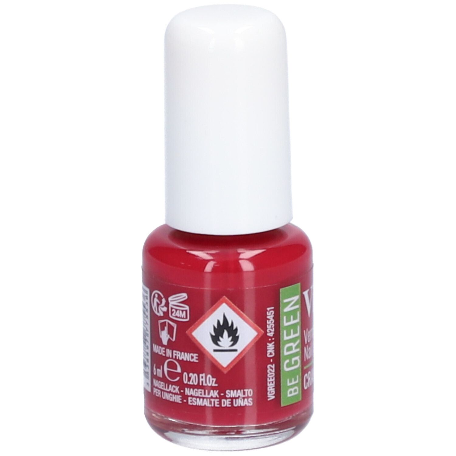 Rote Nagellackflasche mit weißem Deckel. Aufschrift: BE GREEN. Gefahrensymbol. 6 ml. Klarer Flakon.