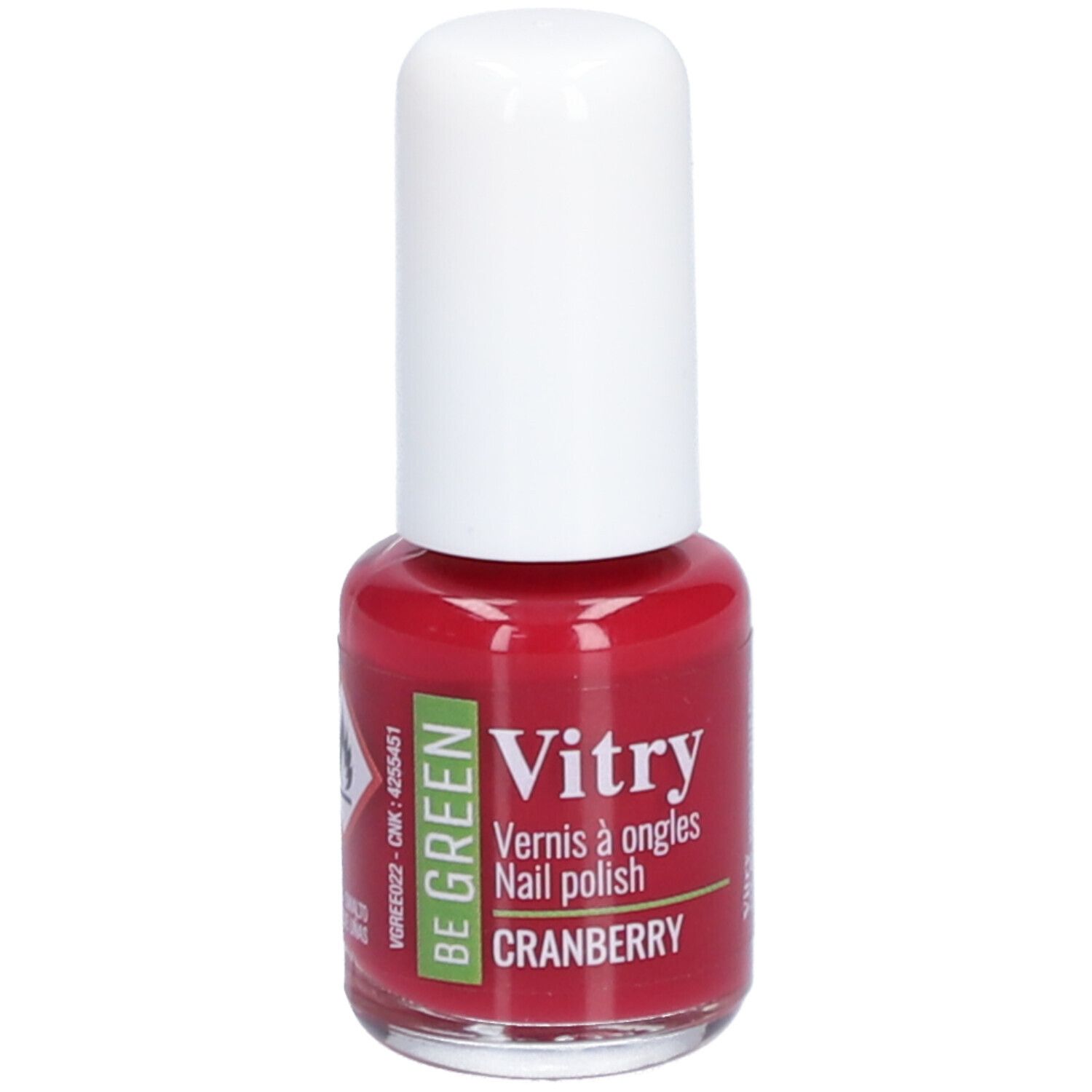 Rote Nagellackflasche mit weißem Deckel. Aufschrift: Vitry, BE GREEN, Cranberry. Klarer Flakon.
