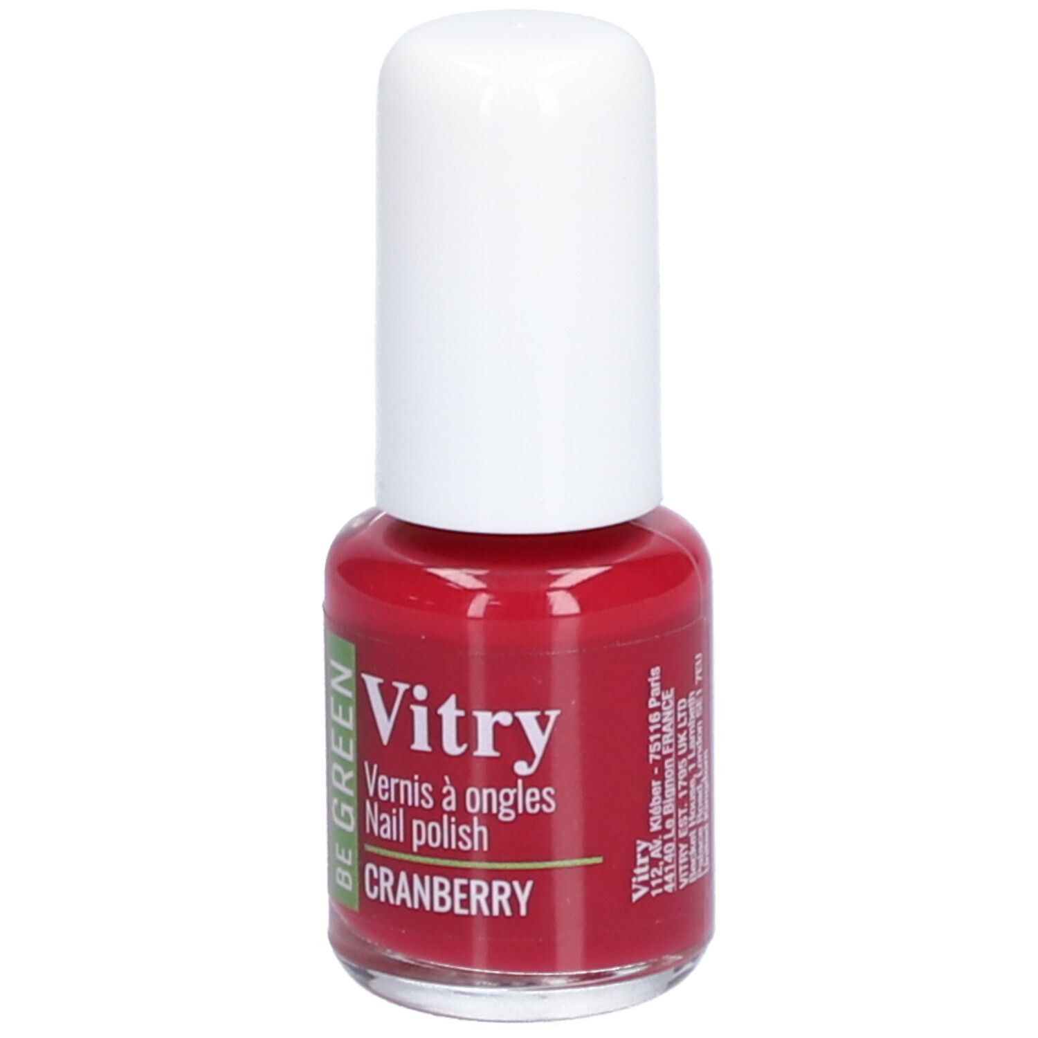 Rote Nagellackflasche mit weißem Deckel. Aufschrift: Vitry, BE GREEN, Cranberry. Klarer Flakon.