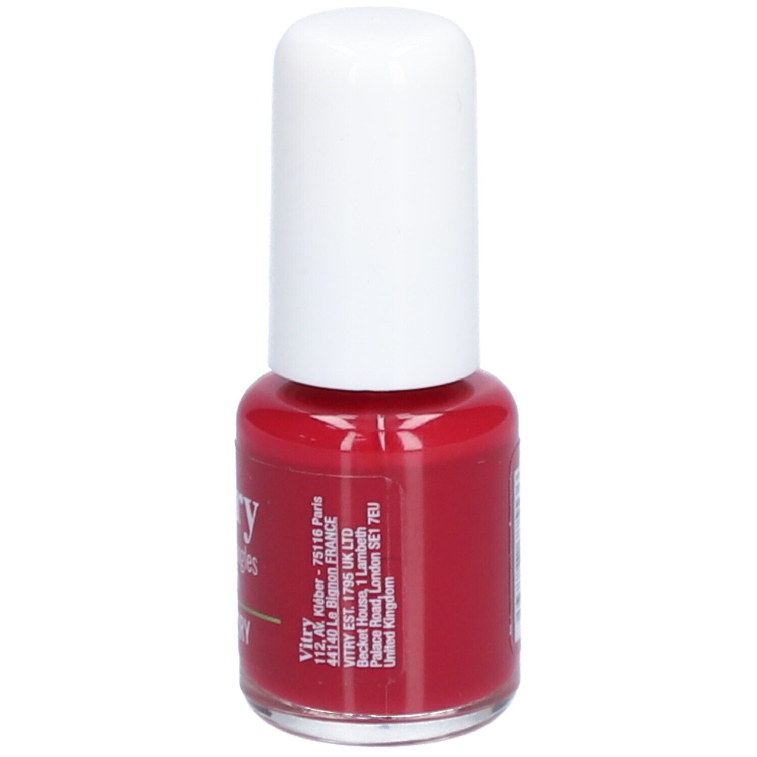 Rote Nagellackflasche mit weißem Deckel. Aufschrift: Vitry. Klarer Flakon.