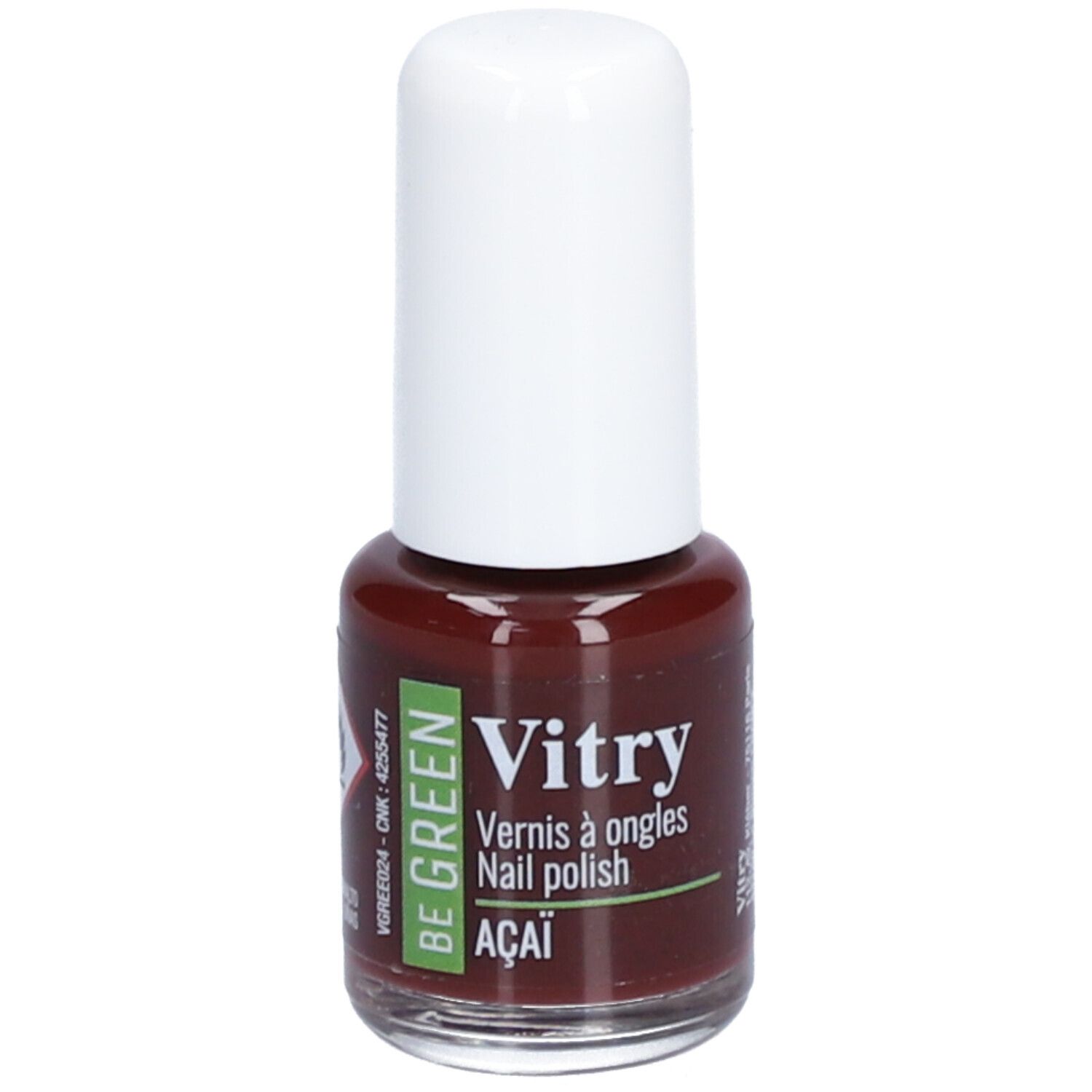 Flacon de vernis à ongles avec bouchon blanc. Inscription : Vitry, Be Green, Acai. Vernis rouge foncé.
