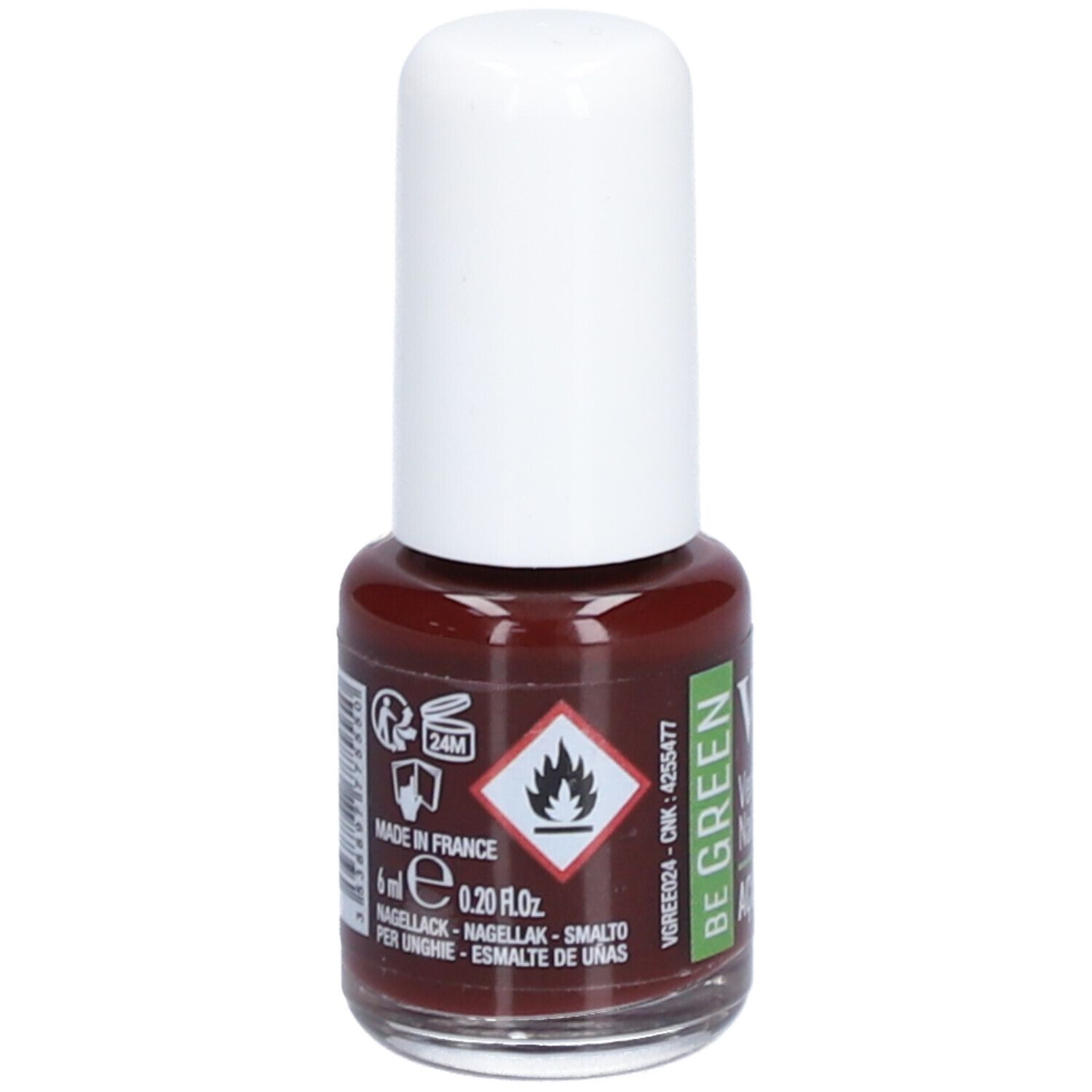 Flacon de vernis à ongles avec bouchon blanc. Inscription : Vitry, Be Green, Acai. 6 ml. Avertissement : Inflammable.