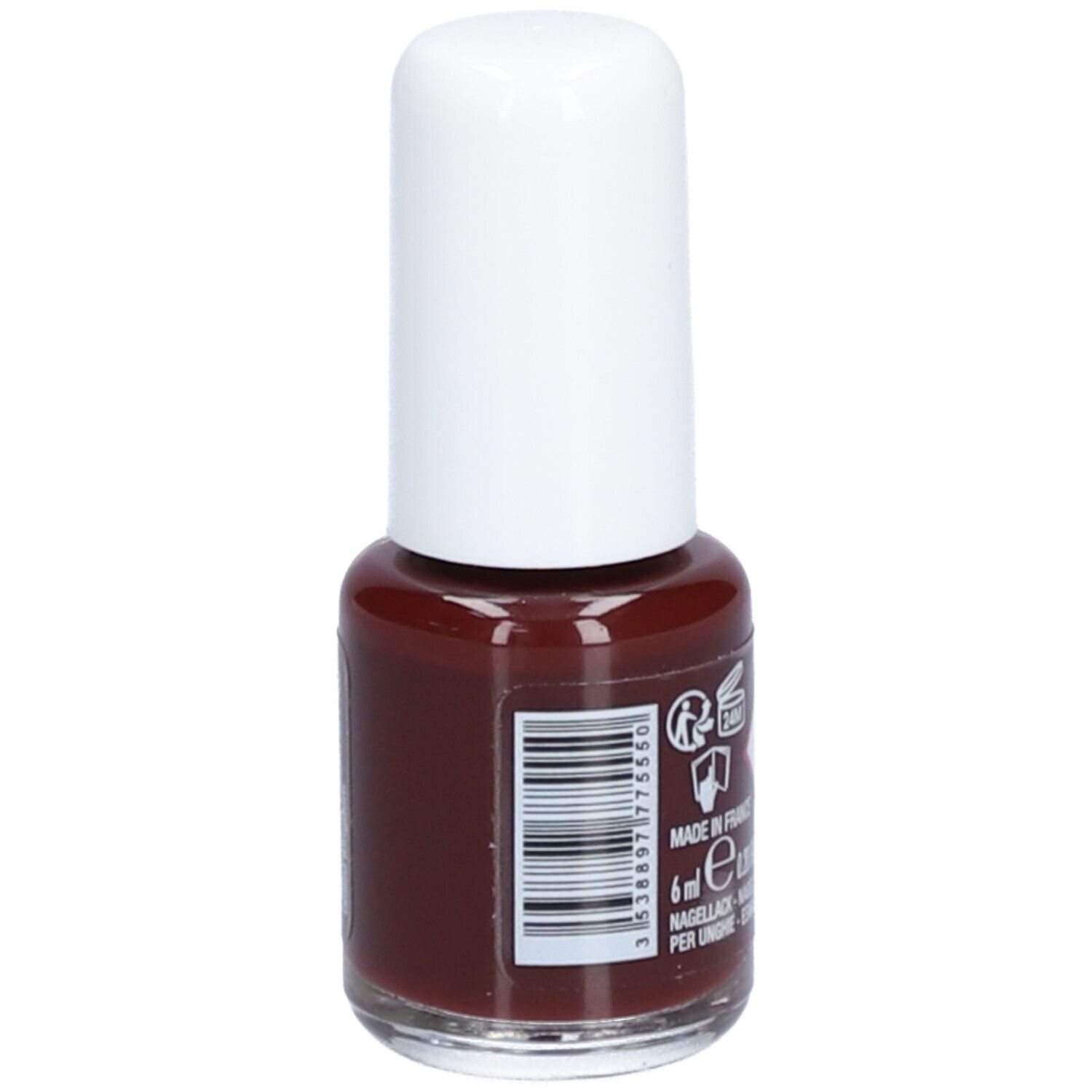 Flacon de vernis à ongles avec bouchon blanc. Code-barres et informations. 6 ml. Fabriqué en France.
