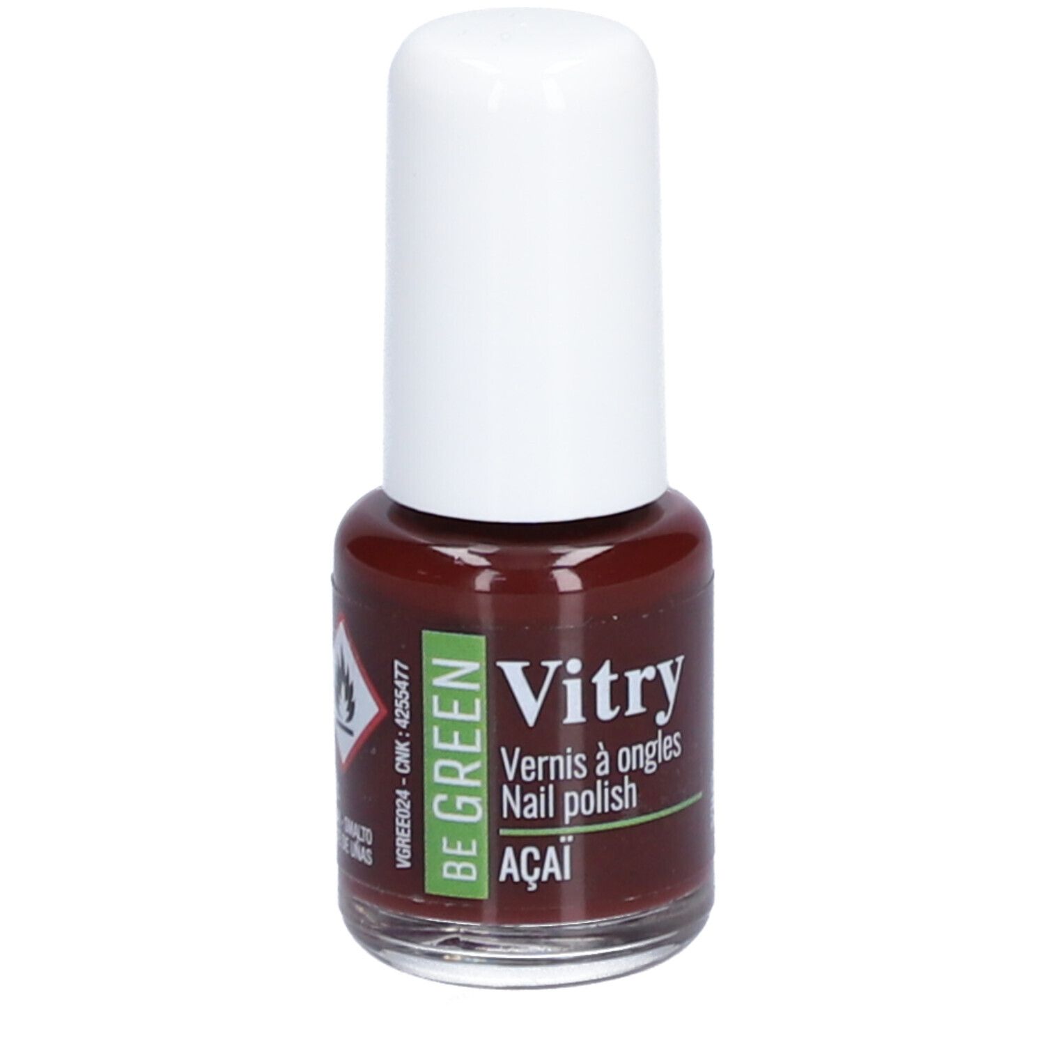 Flacon de vernis à ongles avec bouchon blanc. Inscription : Vitry, Be Green, Acai. Vernis rouge foncé.