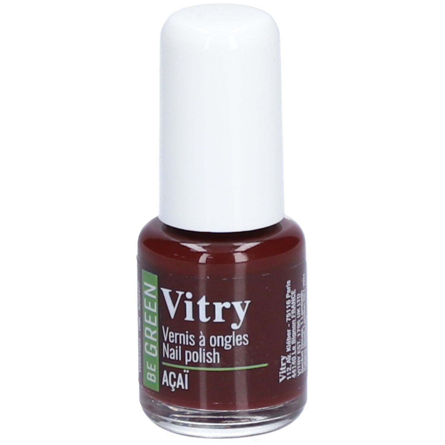 Flacon de vernis à ongles avec bouchon blanc. Inscription : Vitry, Be Green, Acai. Adresse : Vitry, Paris.