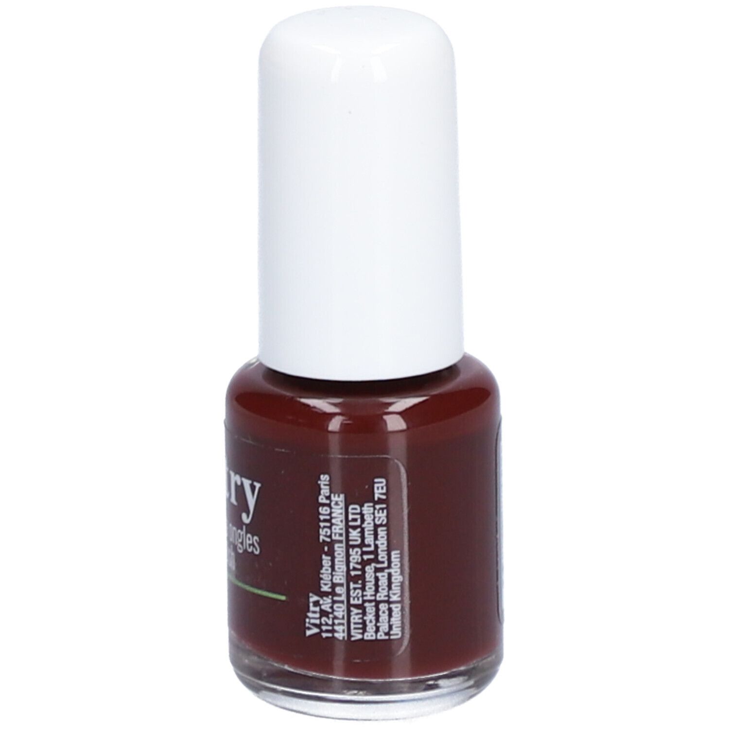 Flacon de vernis à ongles avec bouchon blanc. Inscription : Vitry, Be Green, Acai. Adresse : Vitry, Londres.