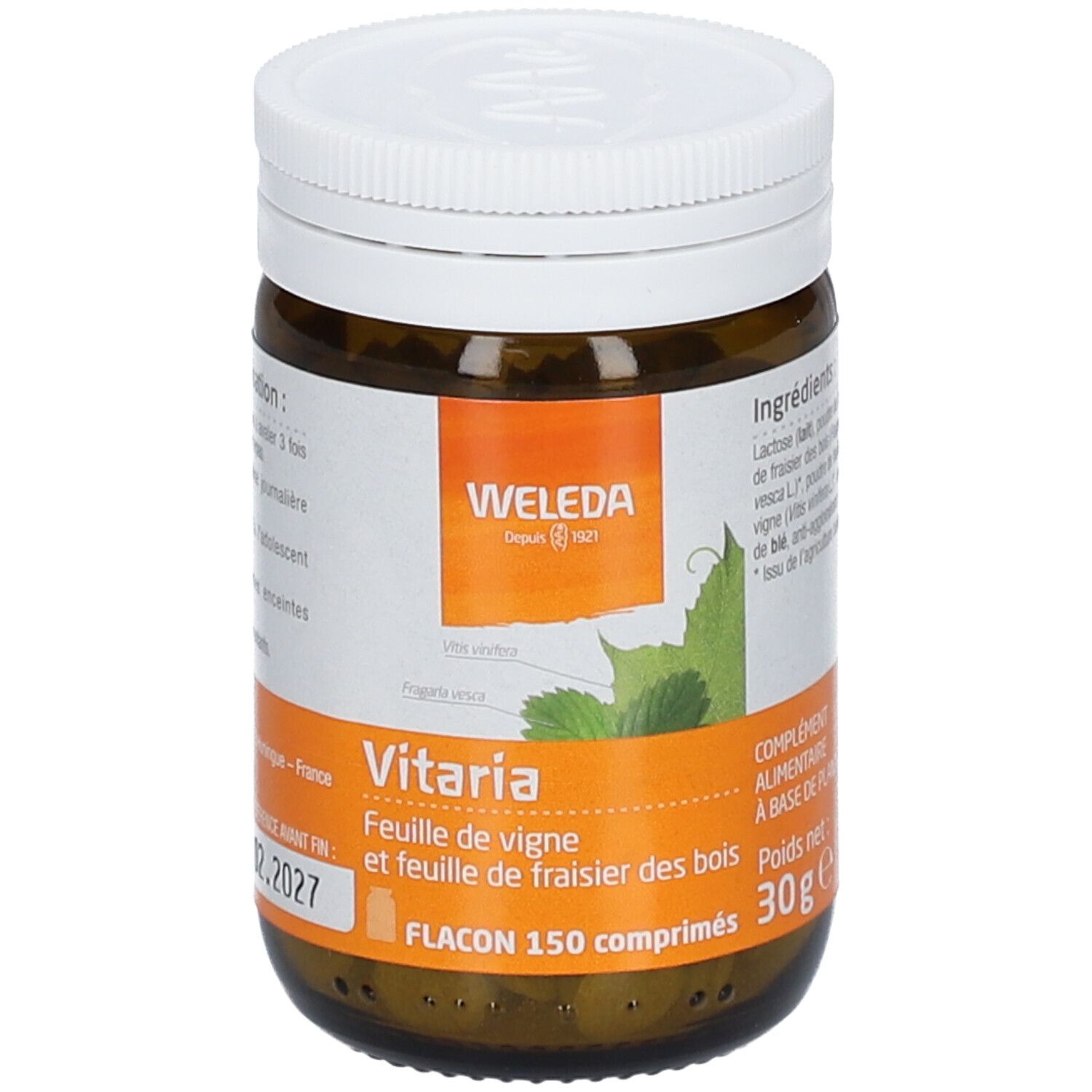 Flacon en verre brun avec couvercle blanc. Étiquette avec logo WELEDA et nom du produit Vitaria. Contient 150 comprimés.