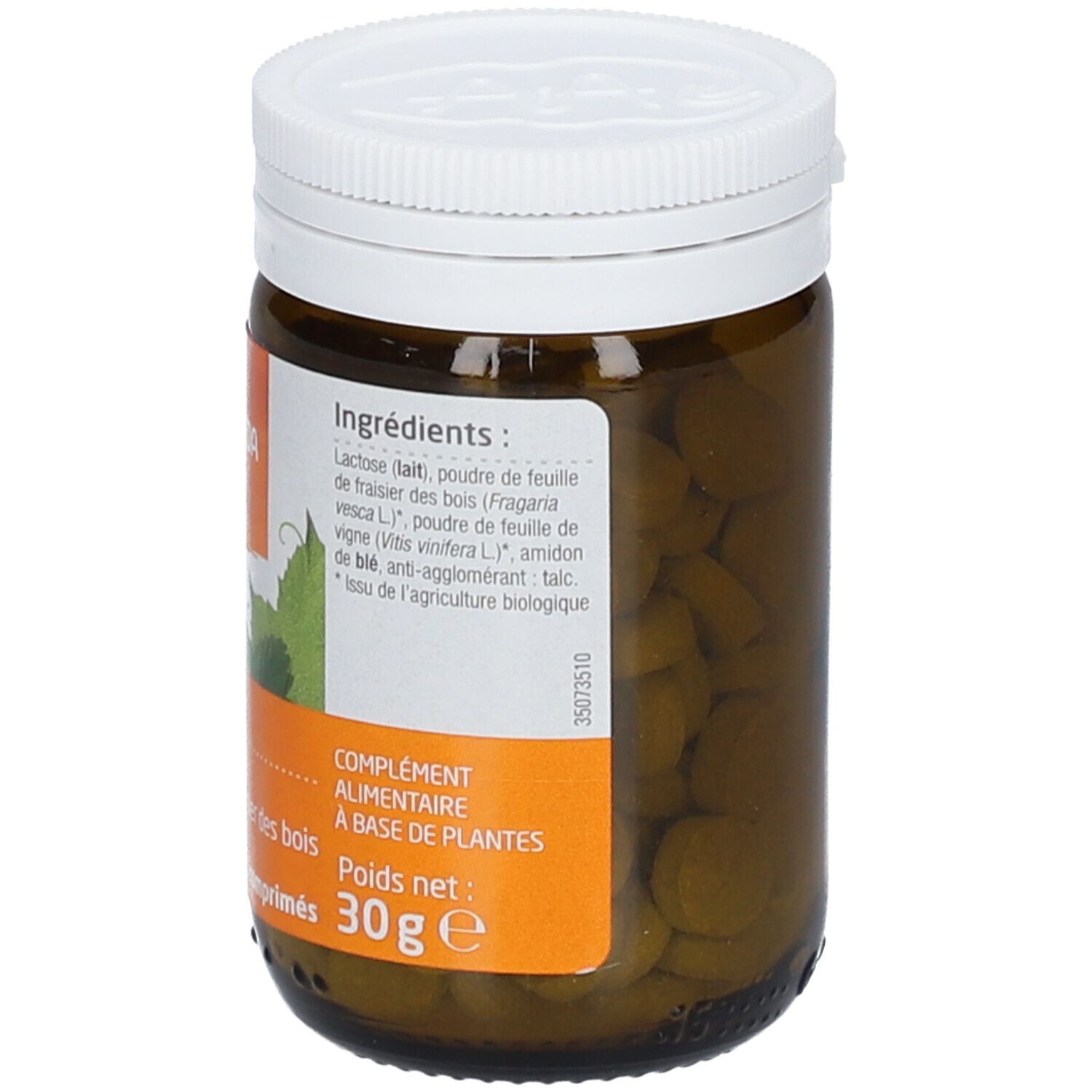 Flacon en verre brun avec couvercle blanc. Étiquette avec ingrédients et indication de poids 30g. Comprimés visibles.